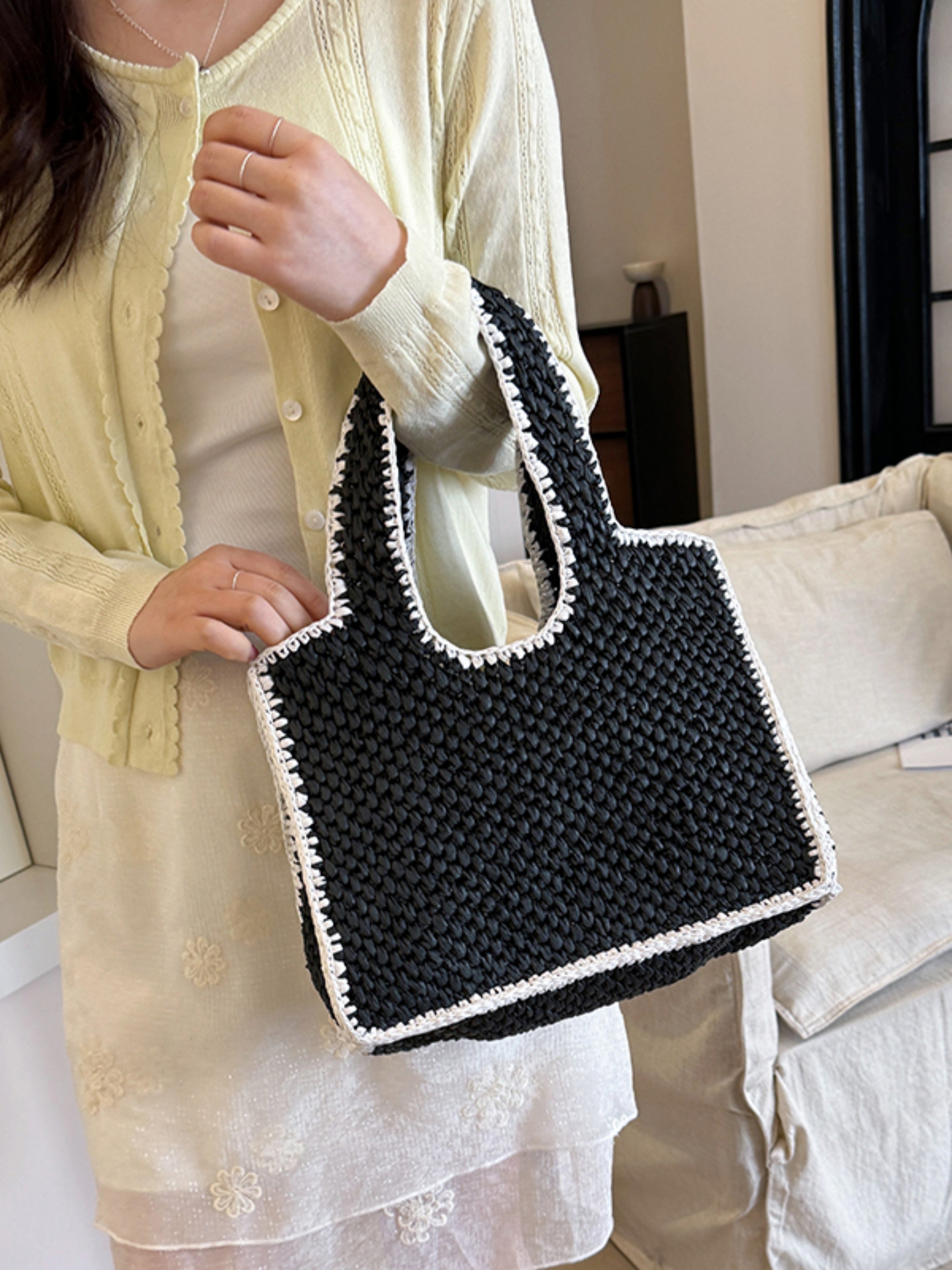 Black Woven Shoulder Bag with White Trim