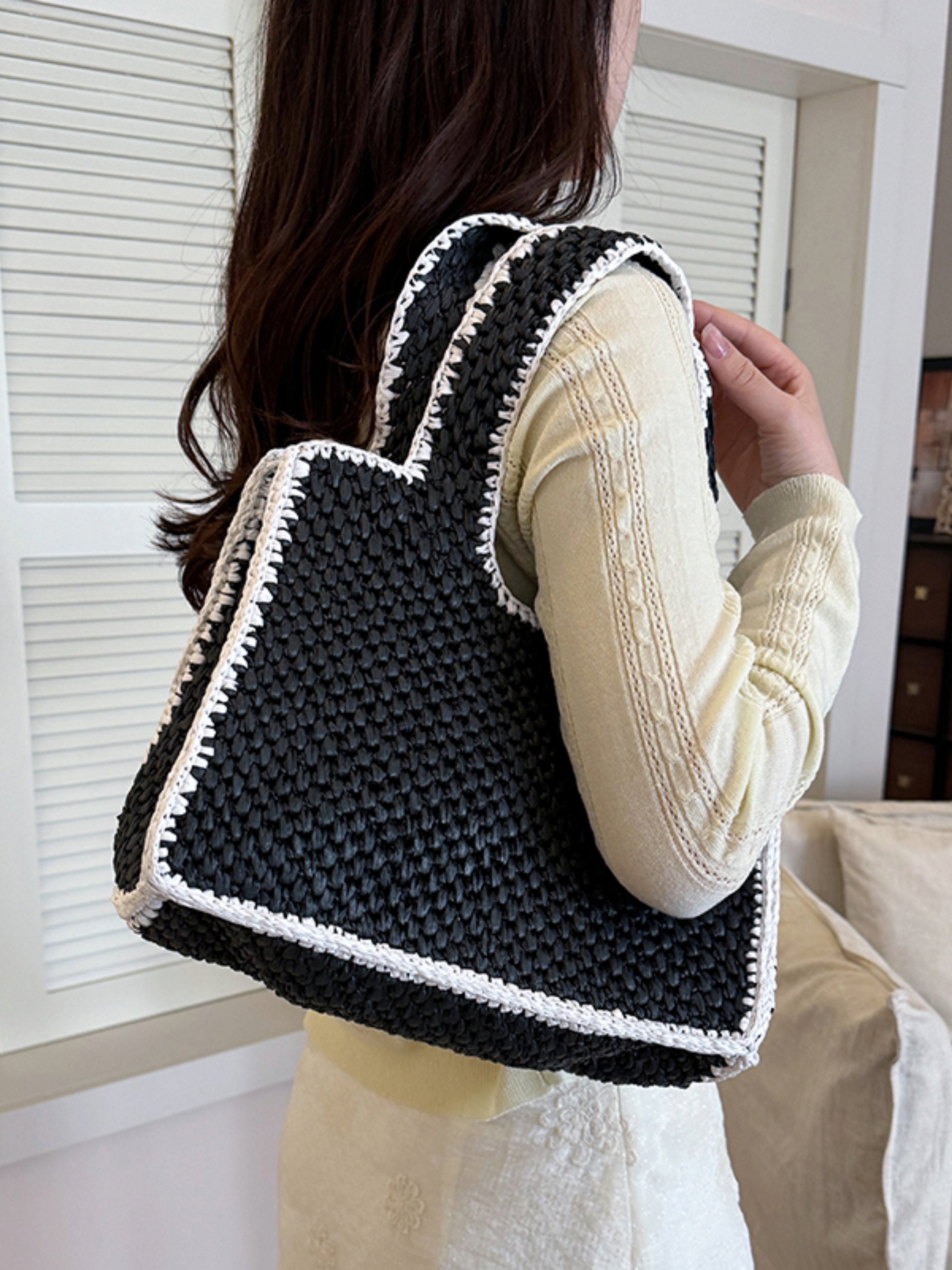 Black Woven Shoulder Bag with White Trim