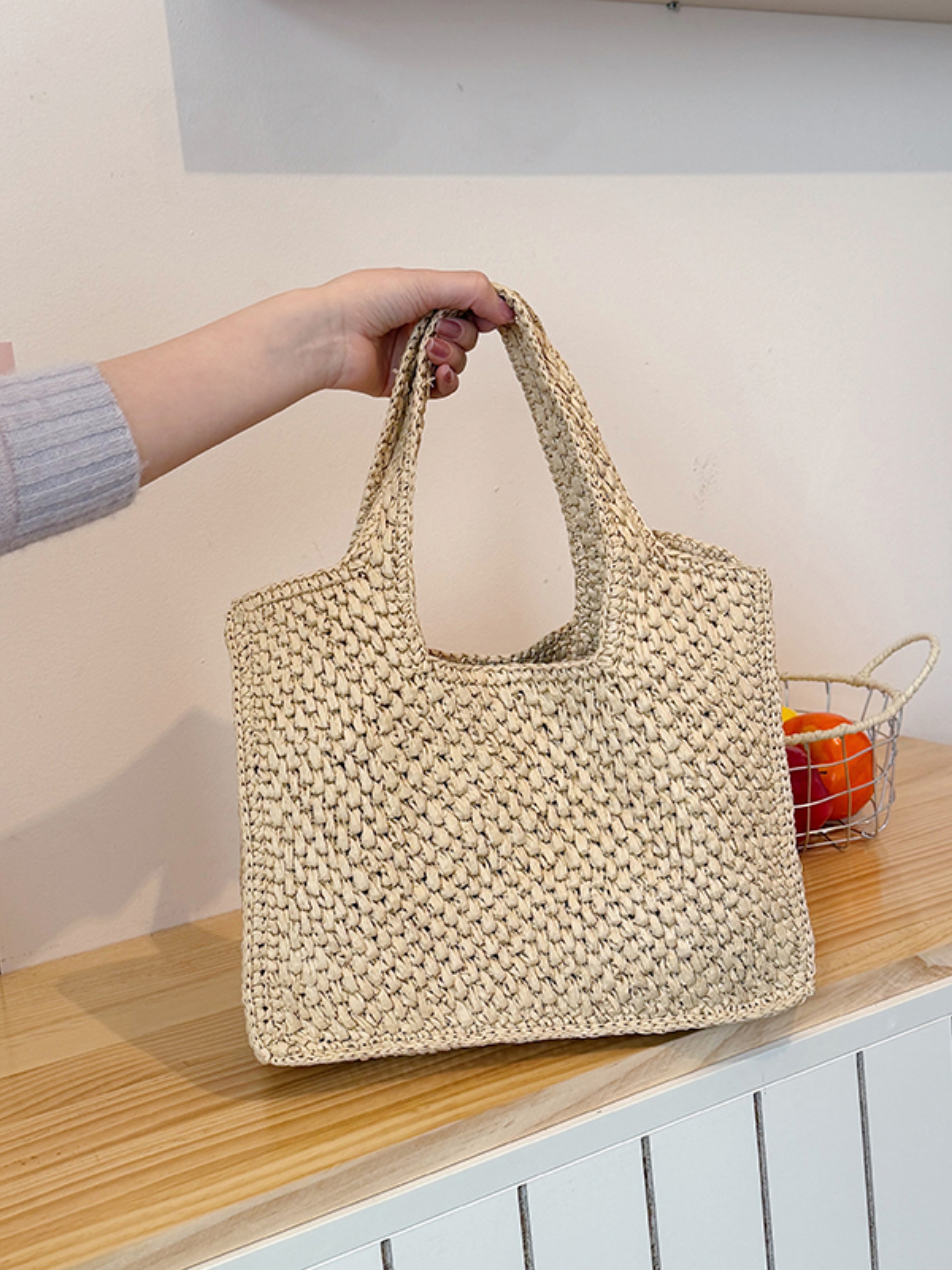 Khaki Woven Straw Shoulder Bag