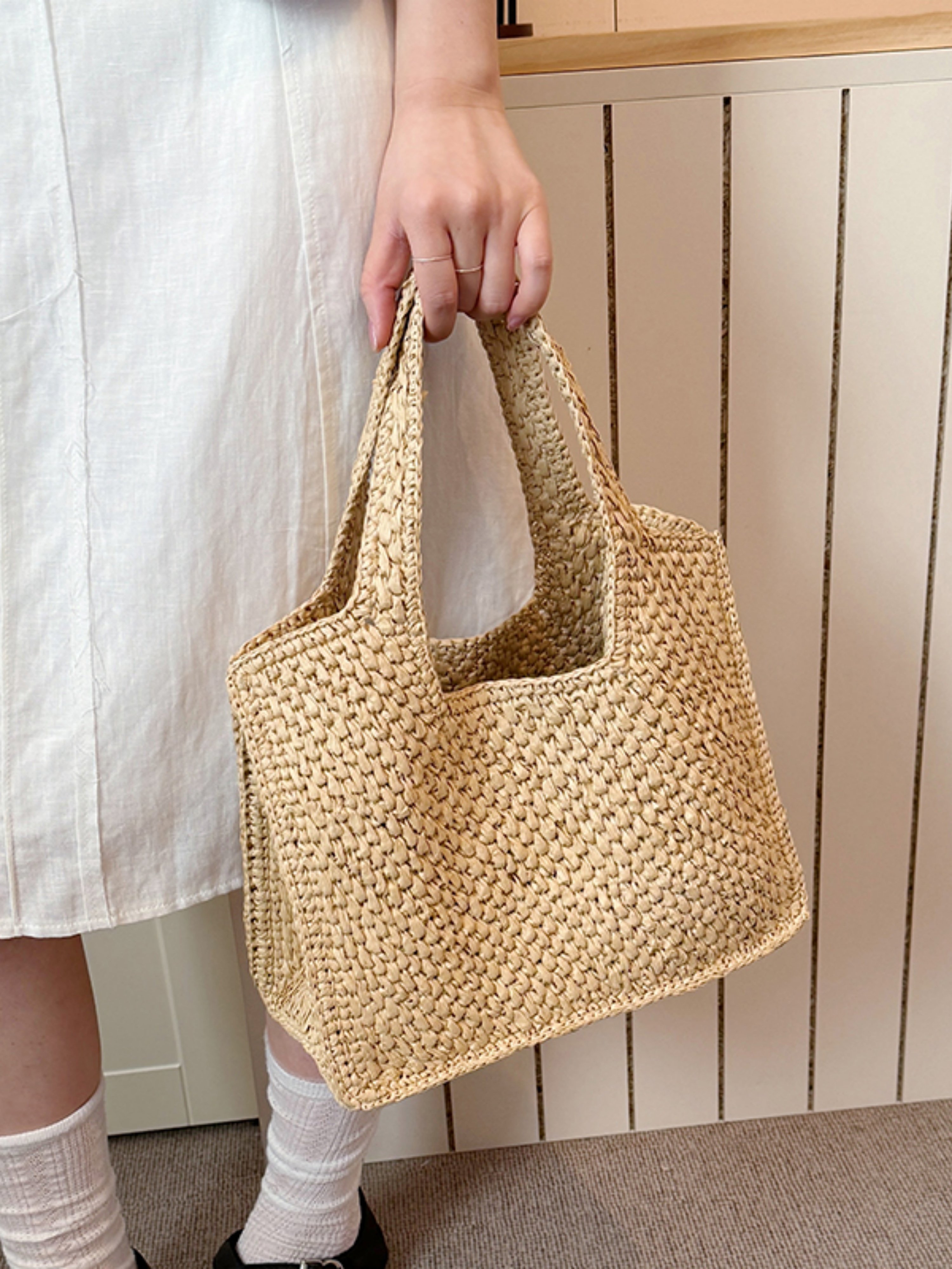 Khaki Woven Straw Shoulder Bag