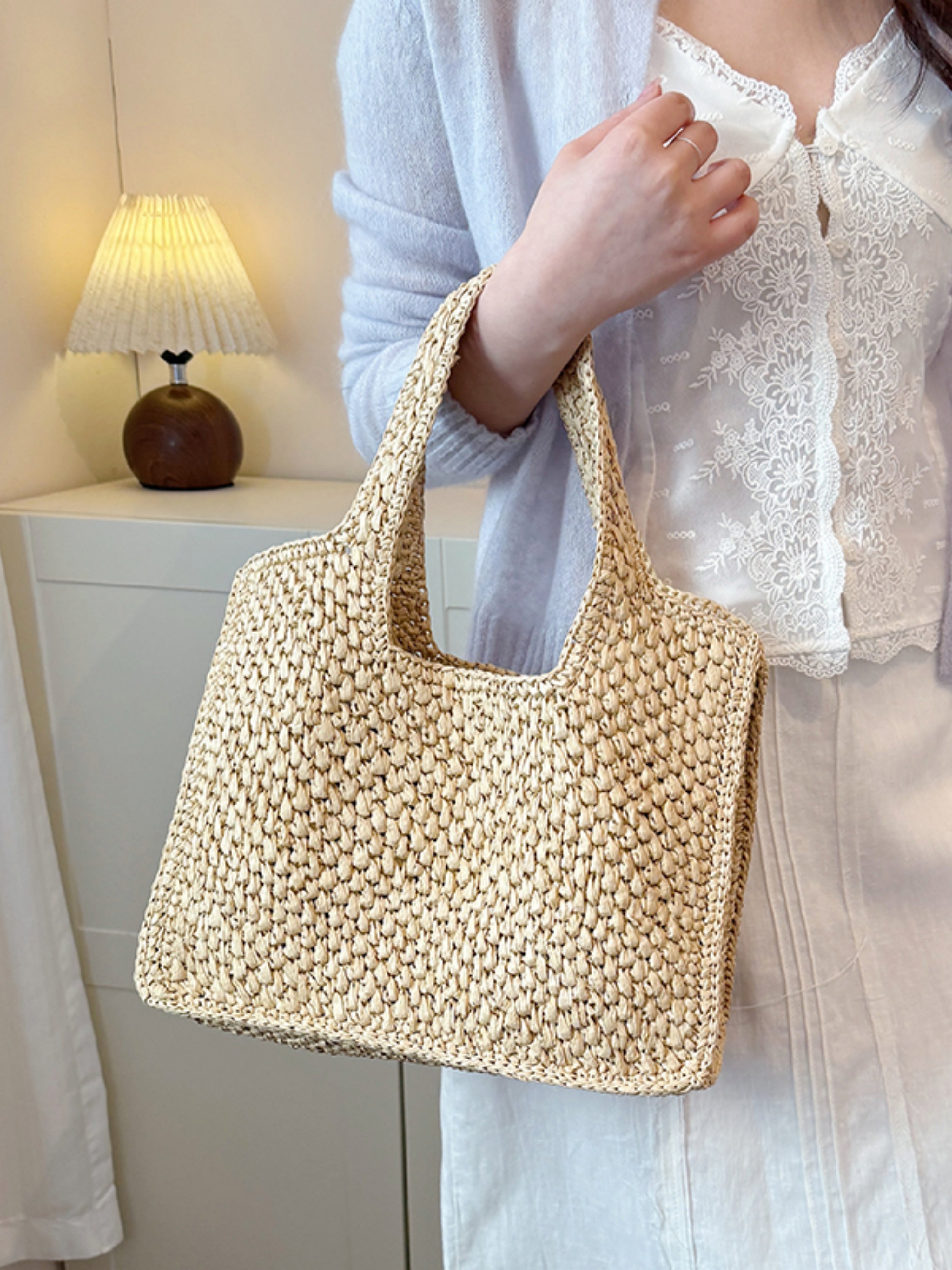 Khaki Woven Straw Shoulder Bag