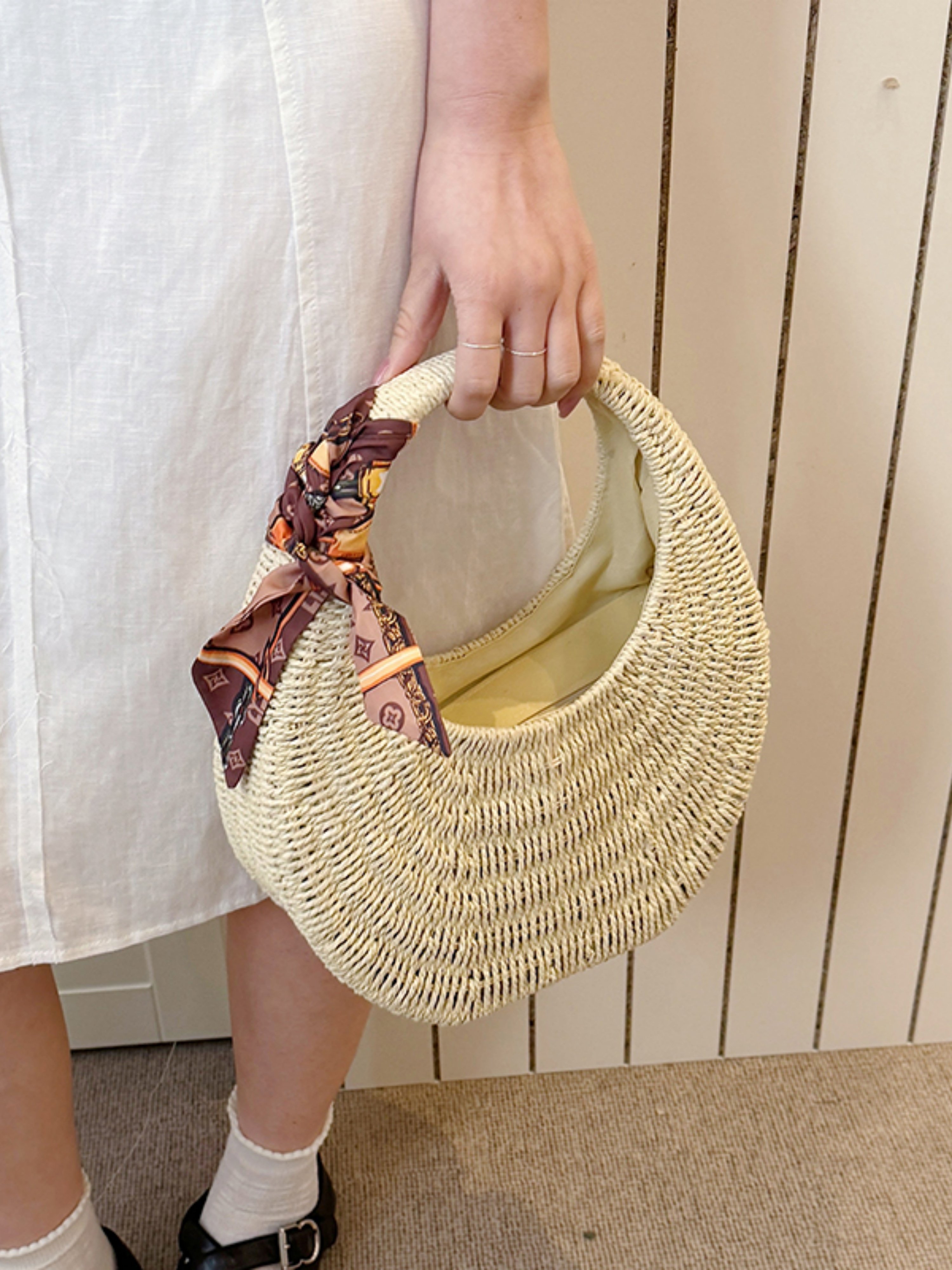 Off-White Textured Handbag with Silk Scarf Detail