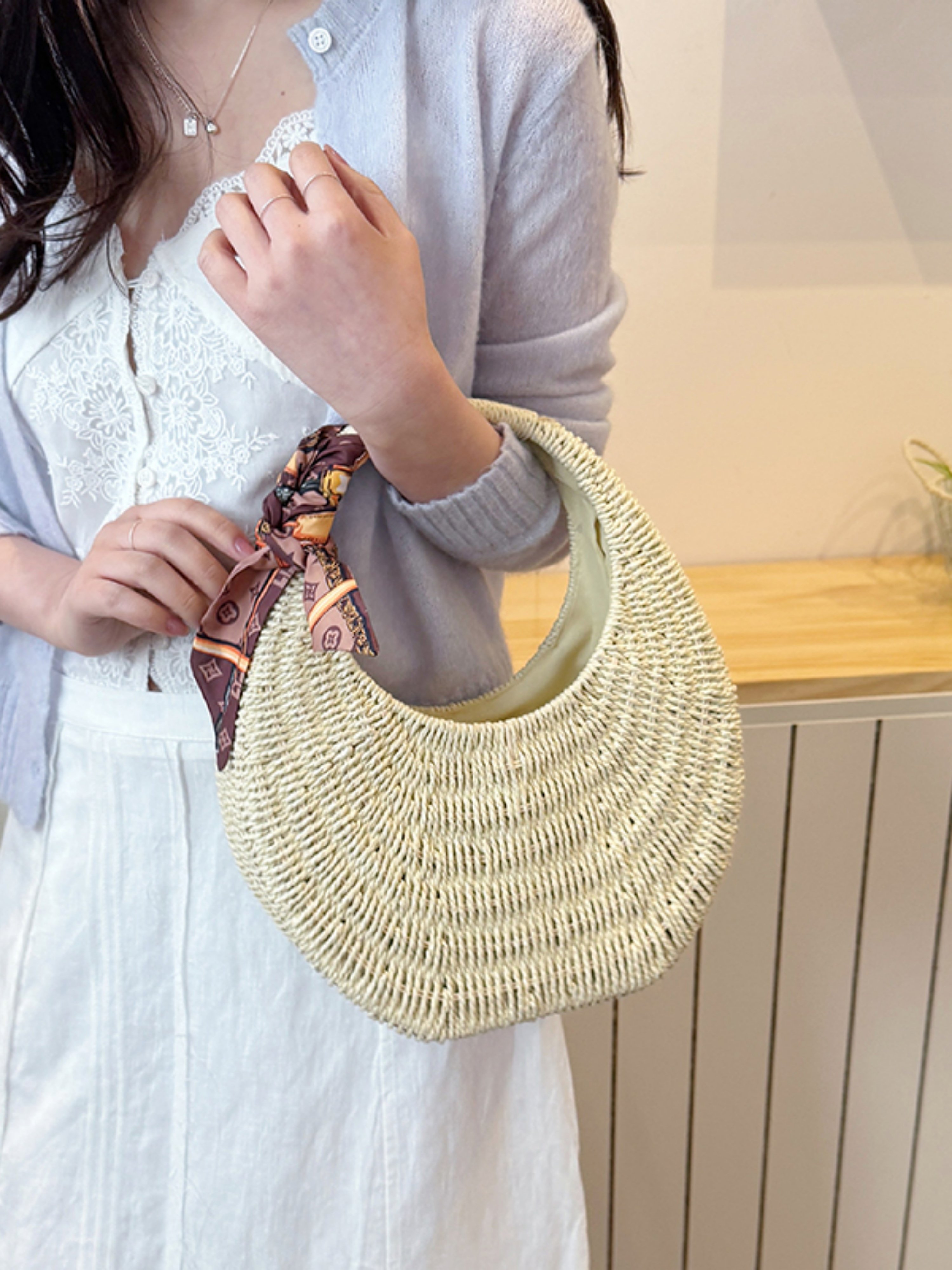 Off-White Textured Handbag with Silk Scarf Detail