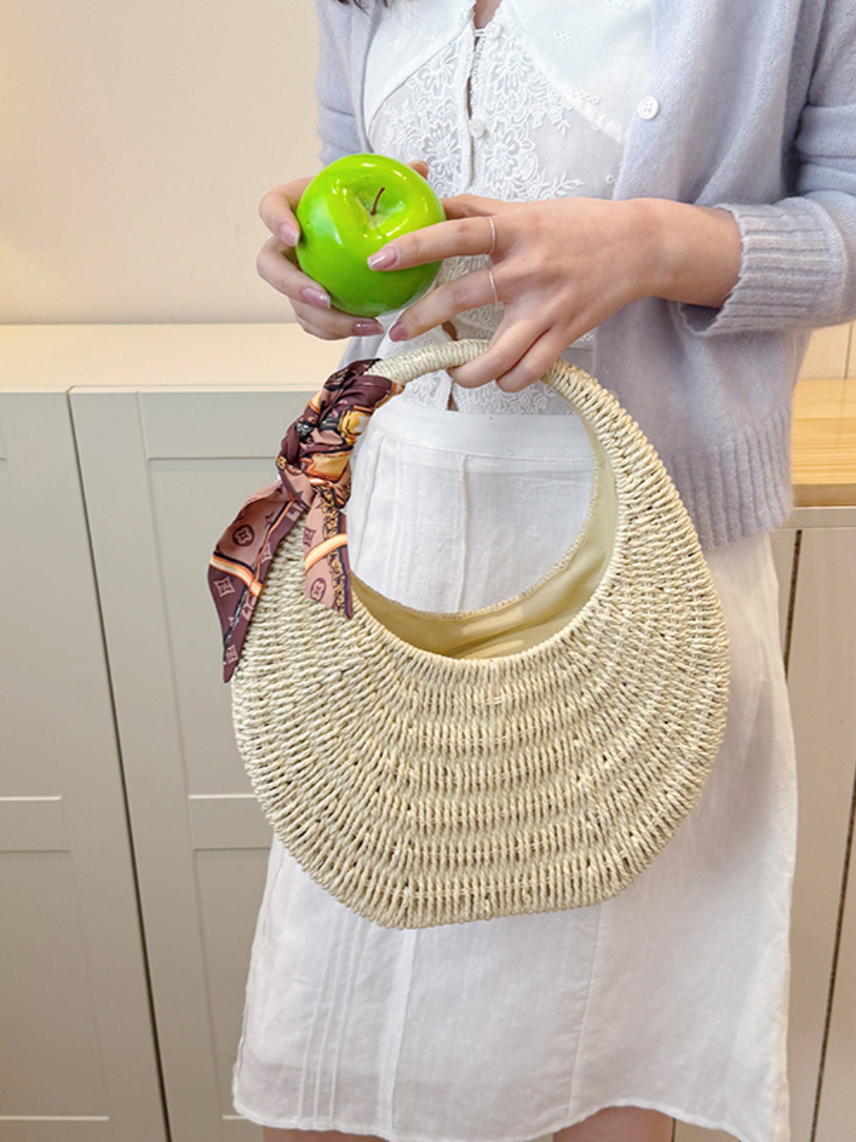Off-White Textured Handbag with Silk Scarf Detail