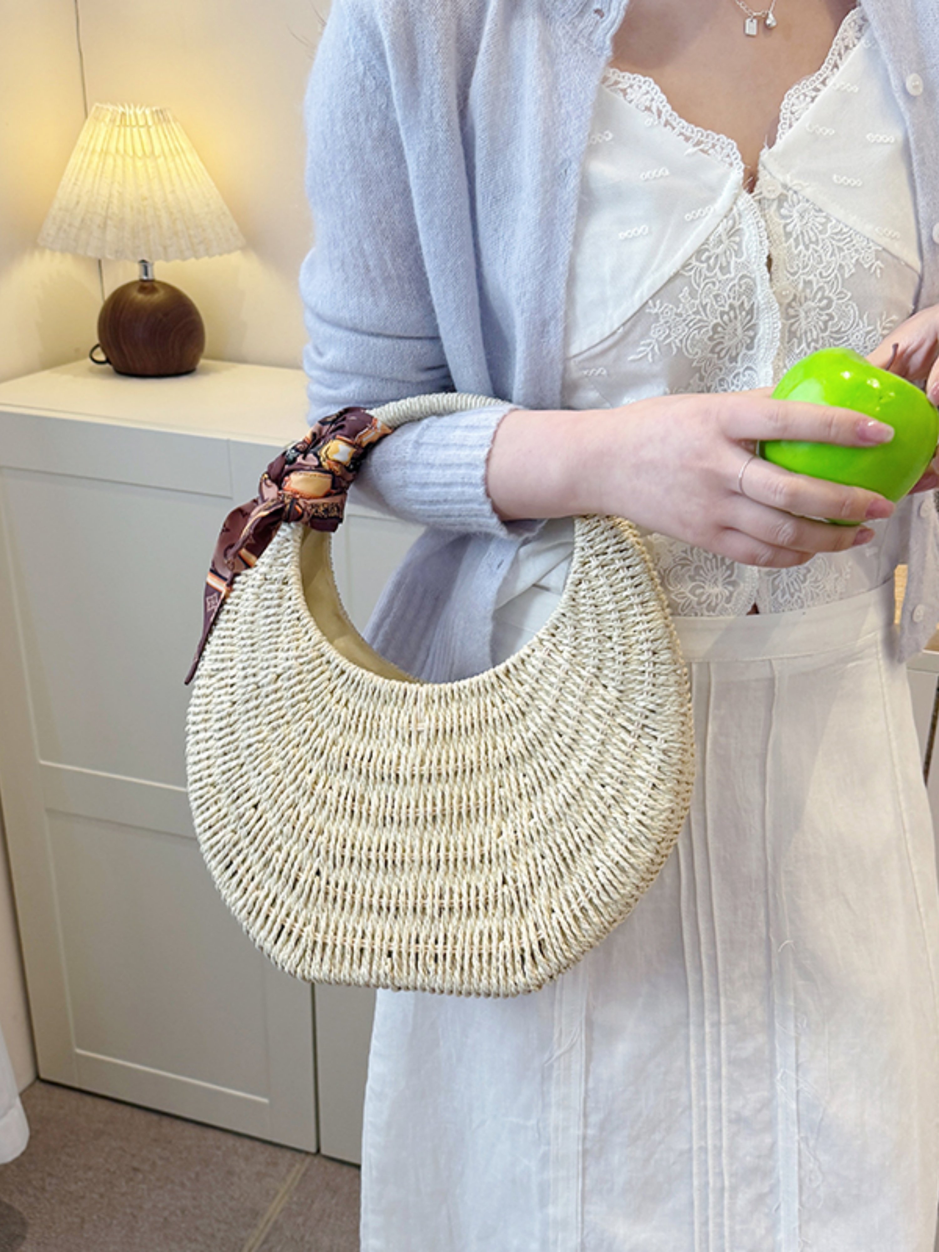 Off-White Textured Handbag with Silk Scarf Detail