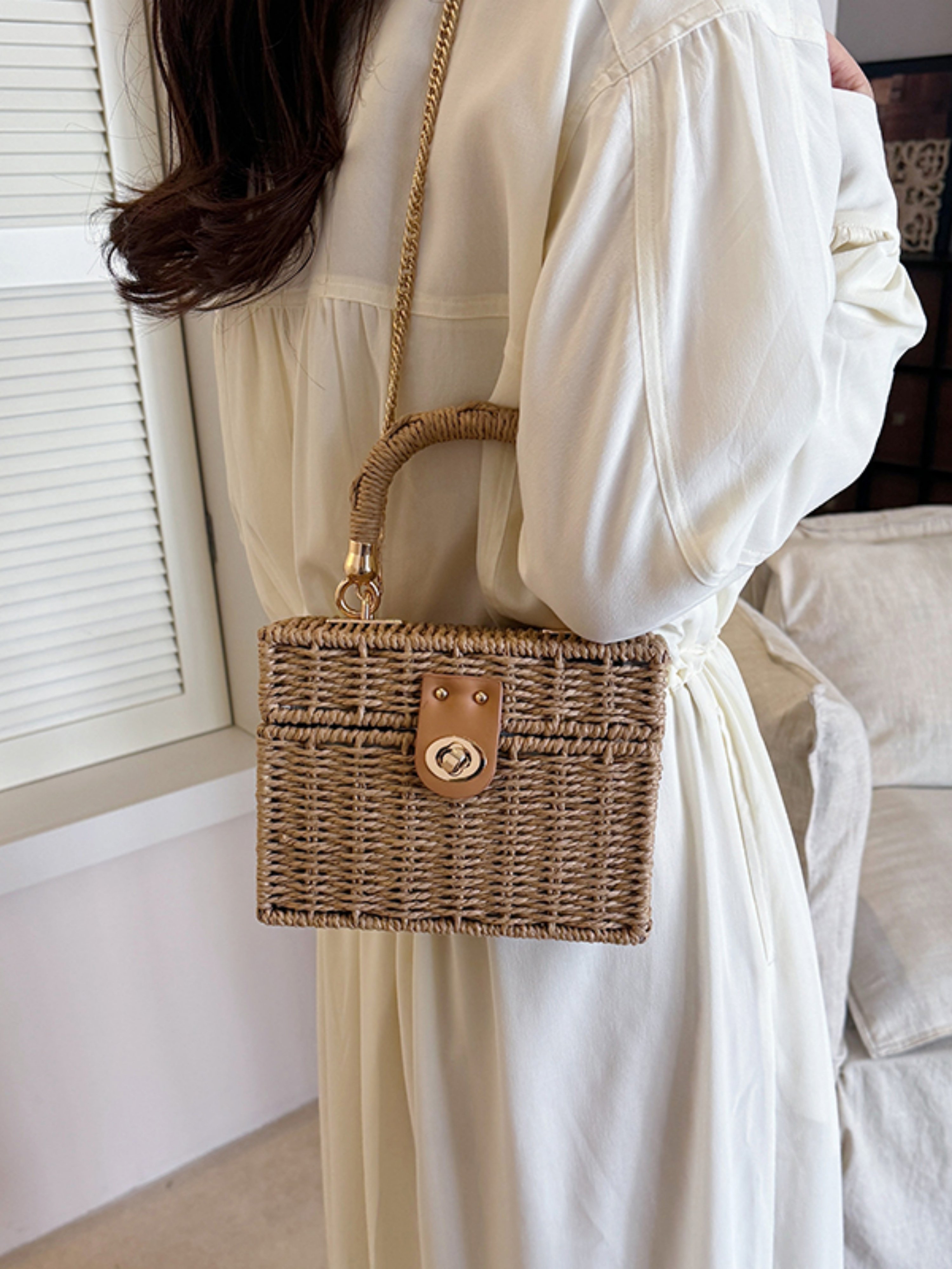 Khaki Raffia Style Crossbody Bag with Chain Strap