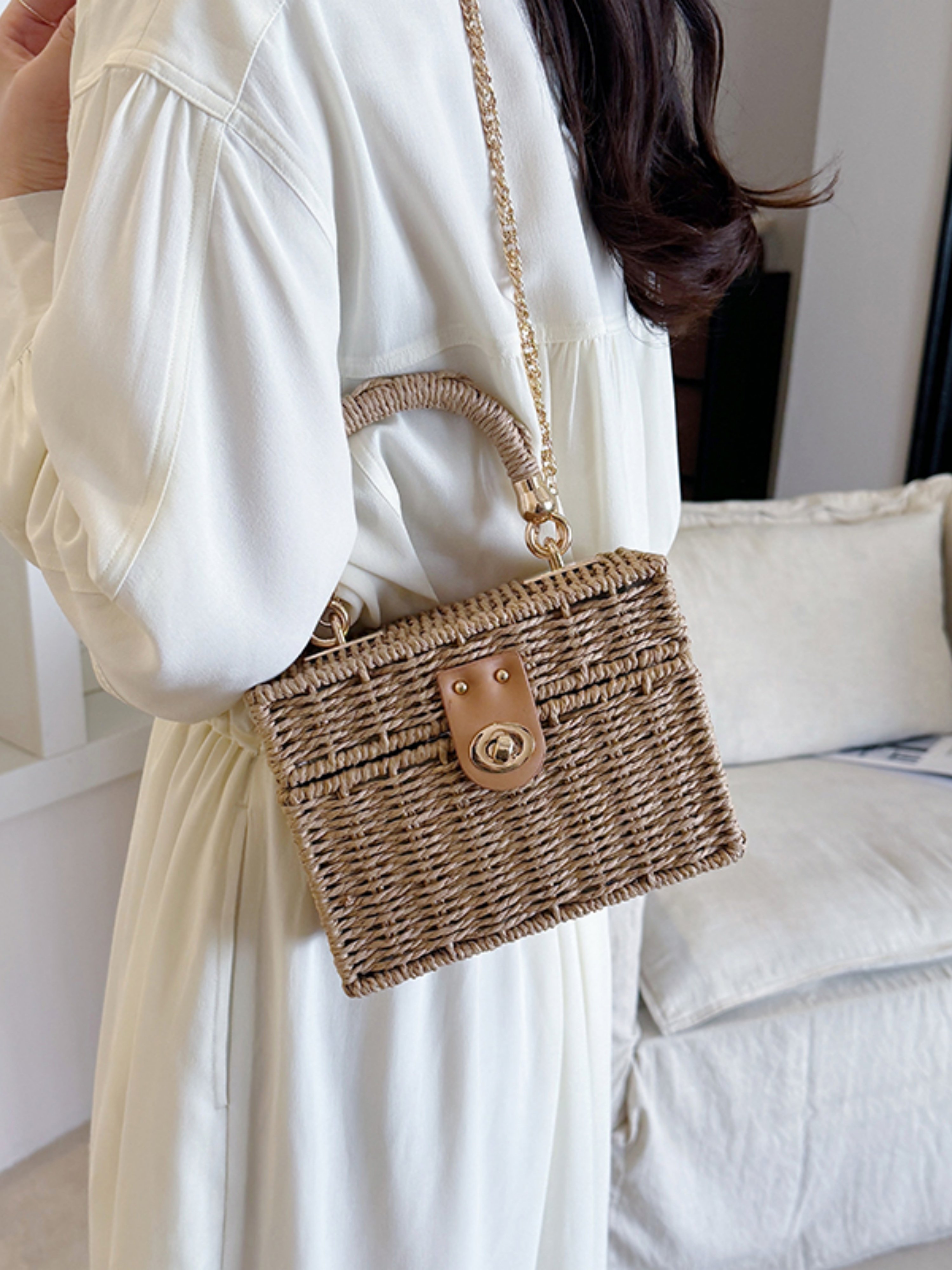 Khaki Raffia Style Crossbody Bag with Chain Strap