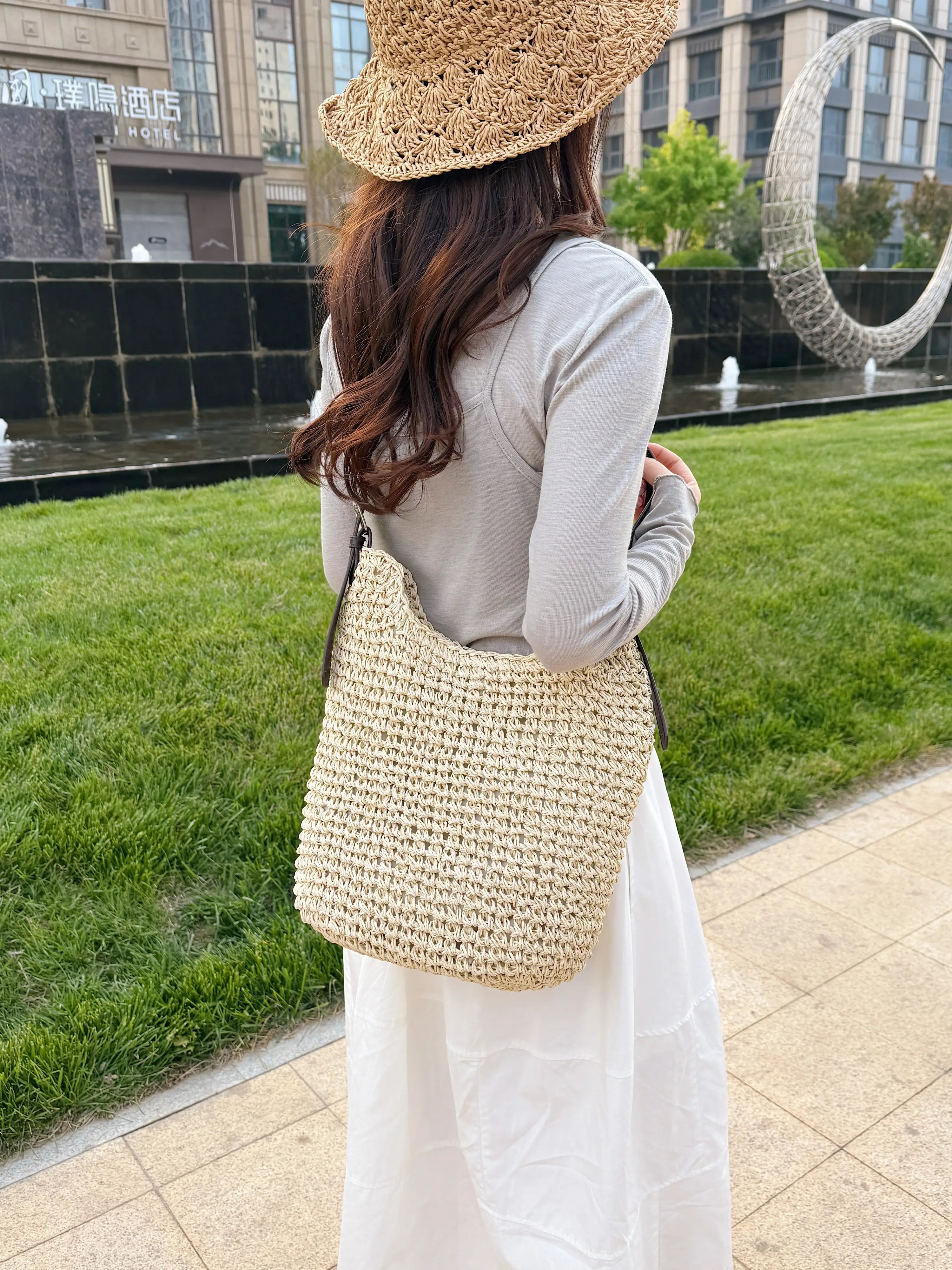 Beige Straw Crossbody Bag