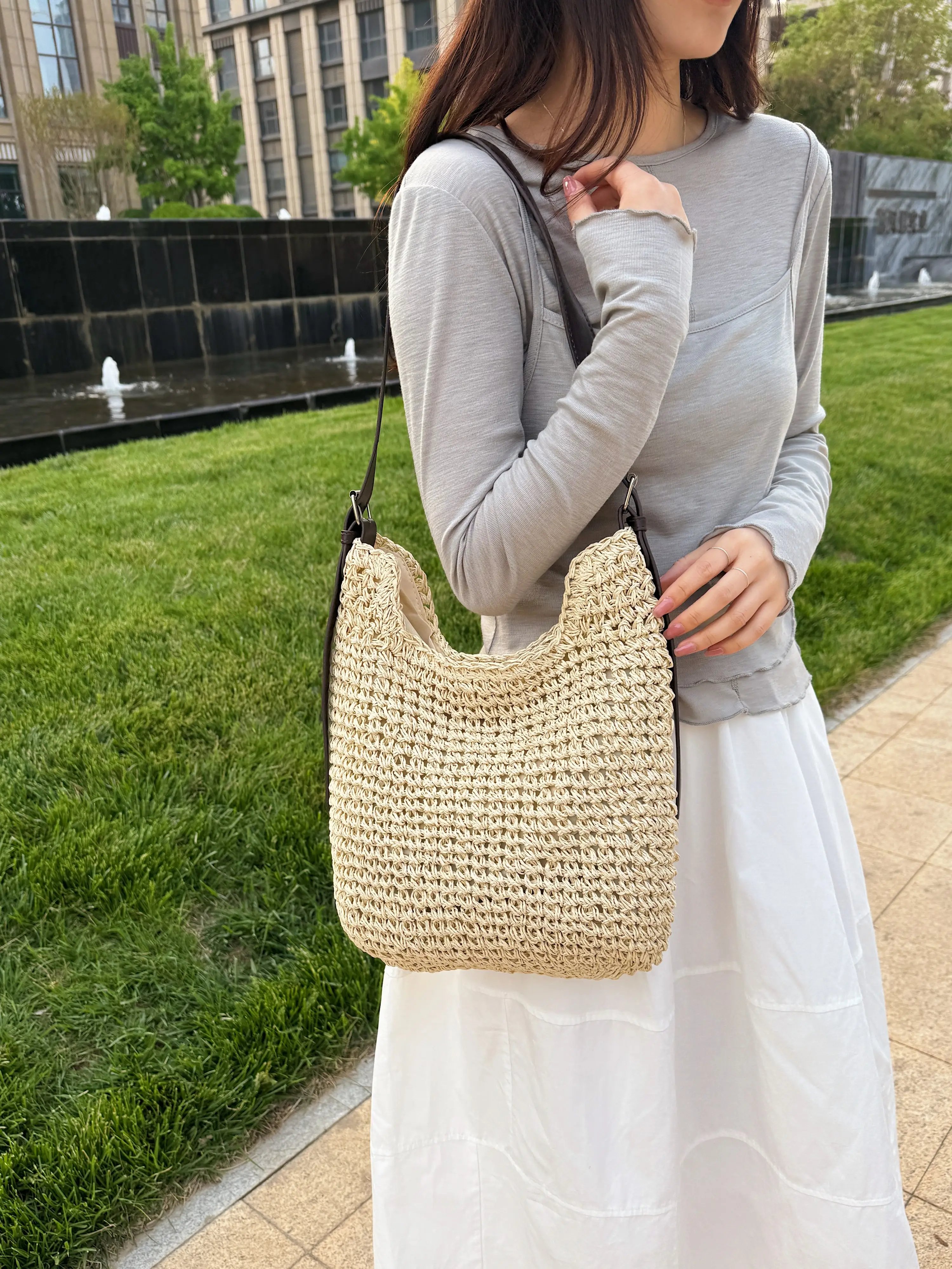 Beige Straw Crossbody Bag