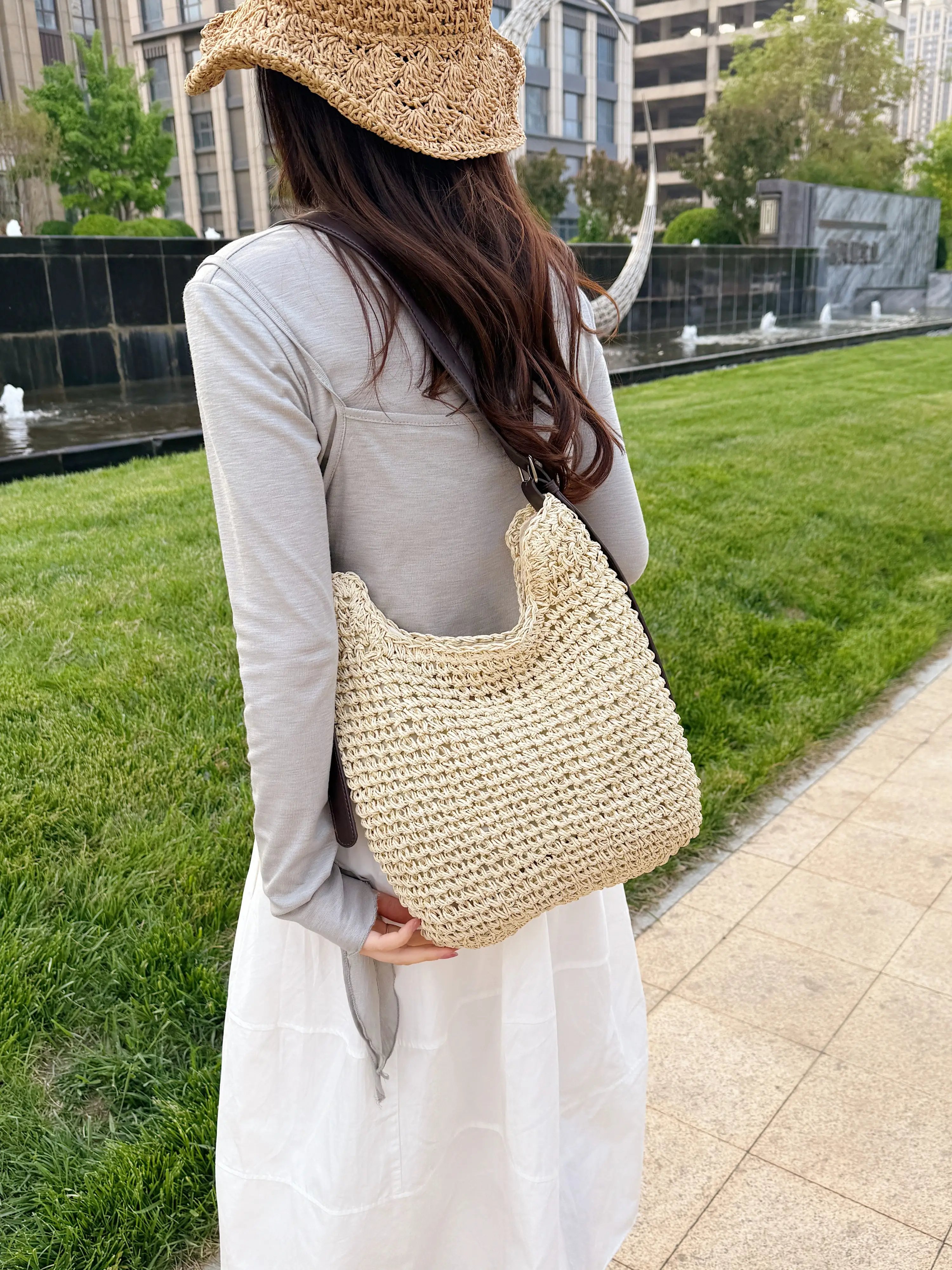 Beige Straw Crossbody Bag