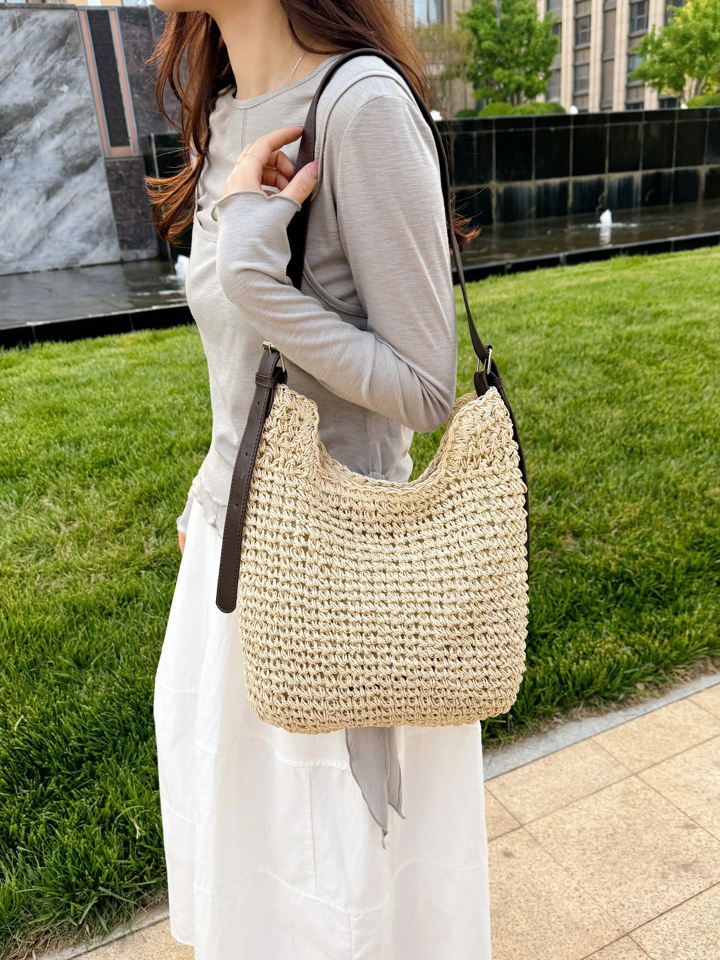 Beige Straw Crossbody Bag