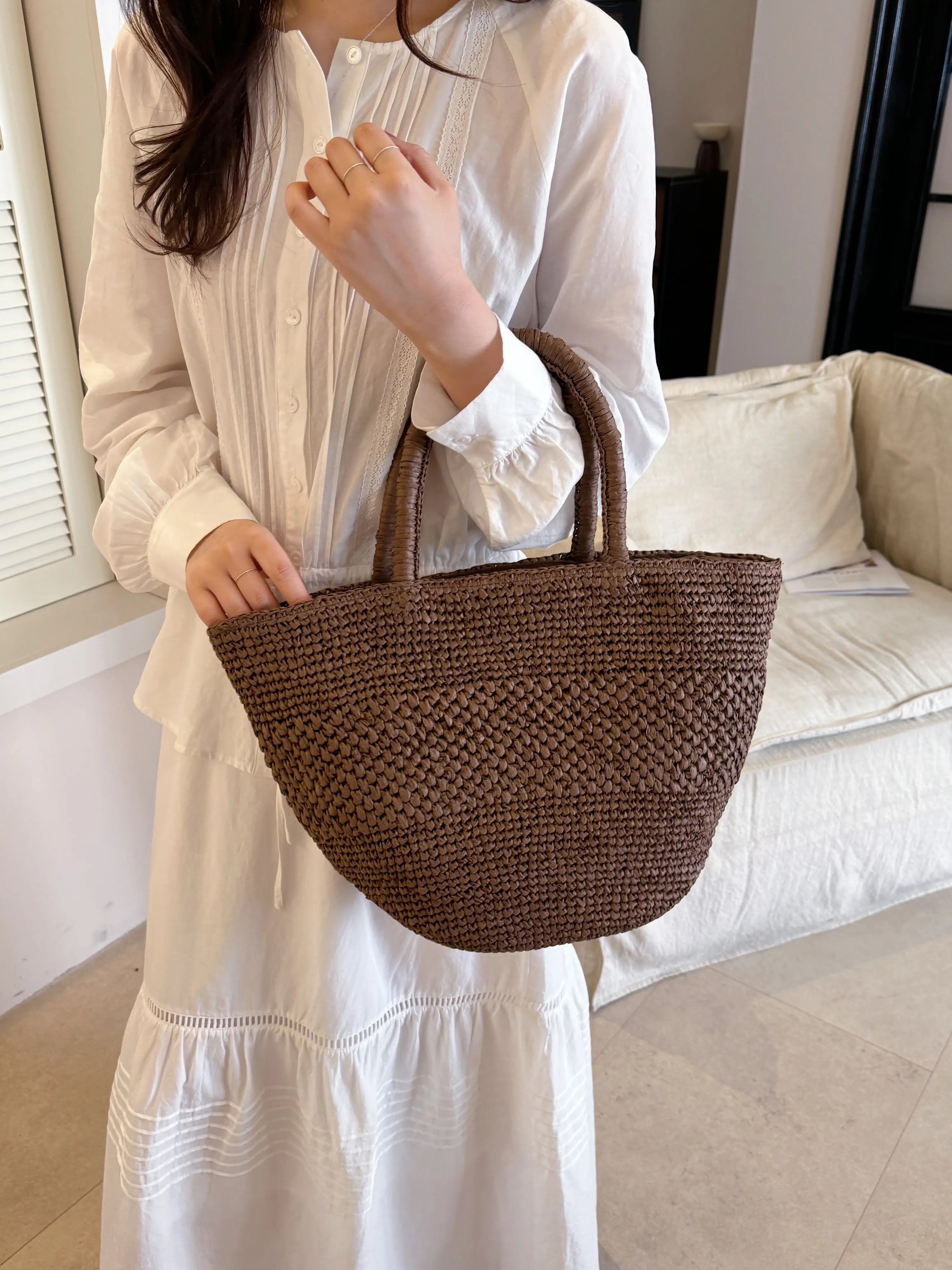 Coffee Brown Woven Straw Shoulder Bag