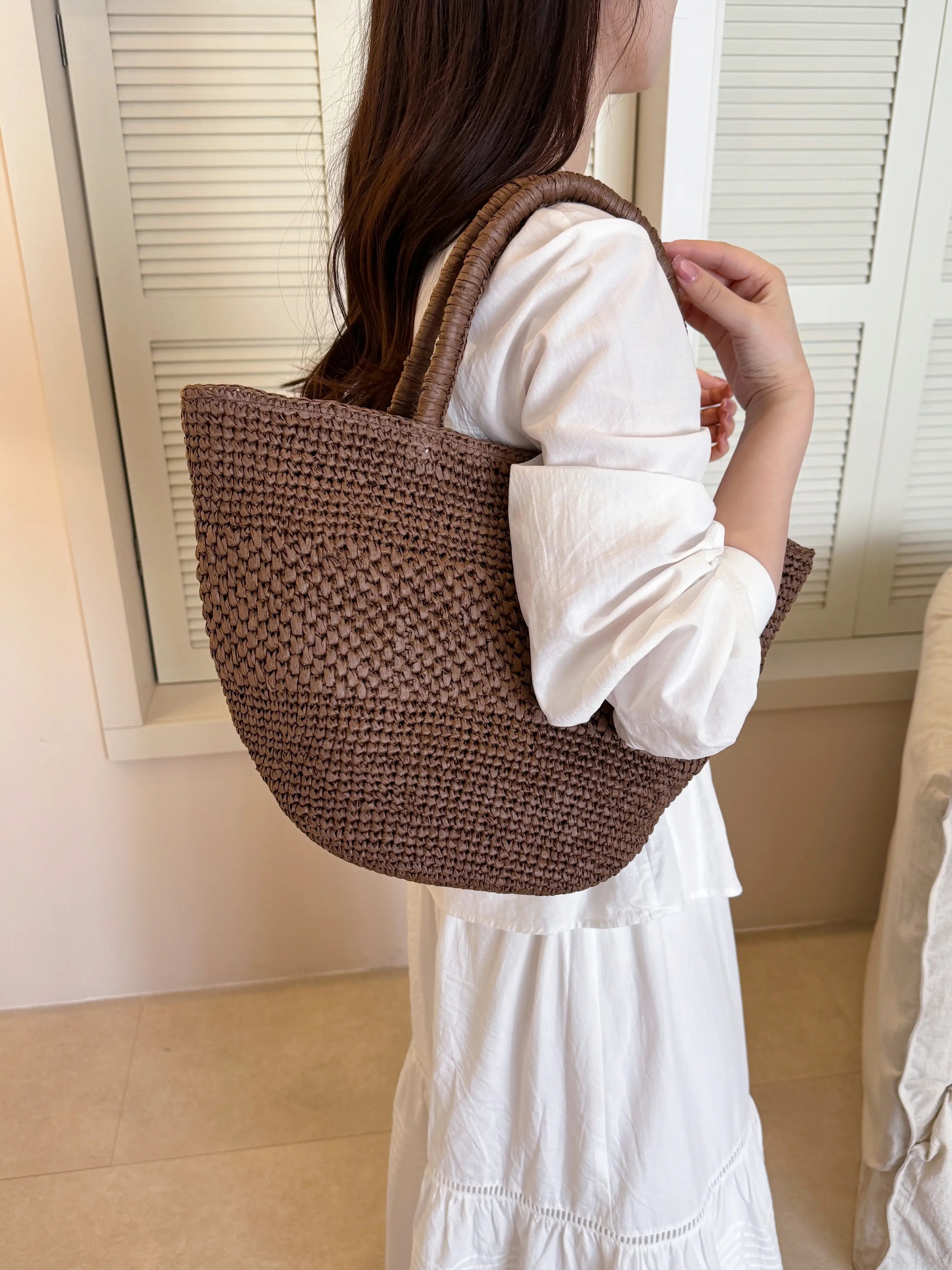 Coffee Brown Woven Straw Shoulder Bag