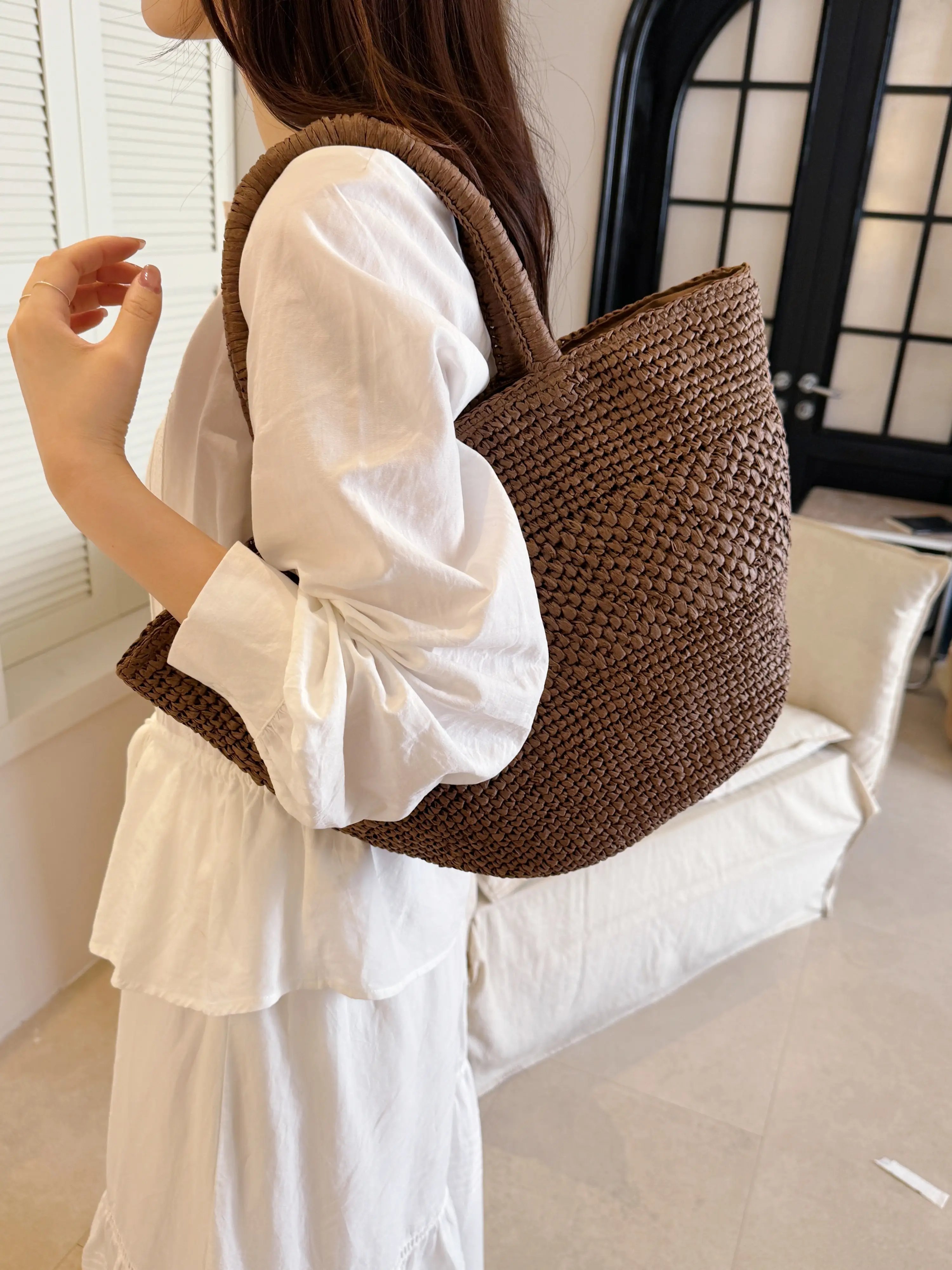 Coffee Brown Woven Straw Shoulder Bag