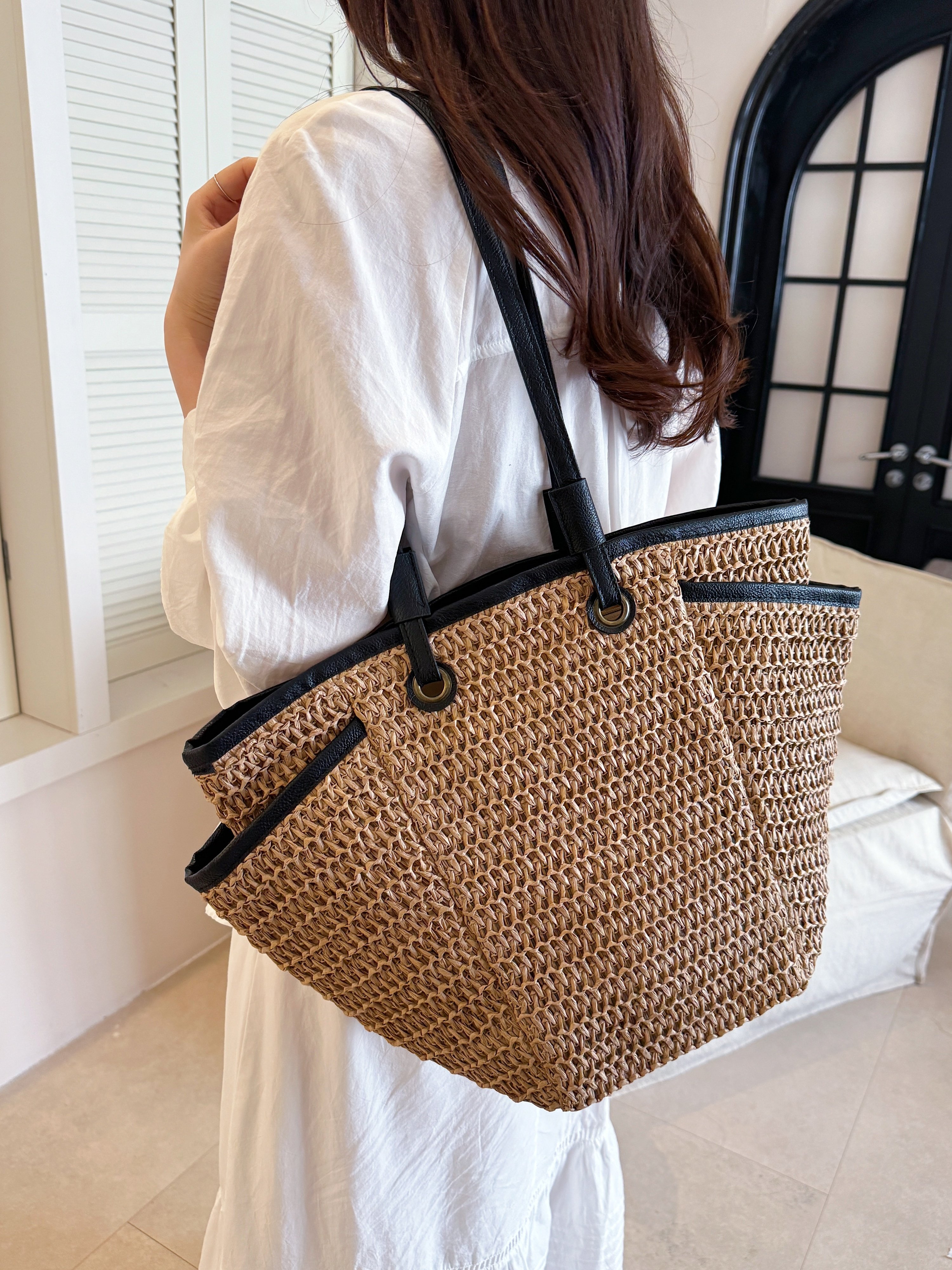 Khaki Woven Straw Shoulder Bag