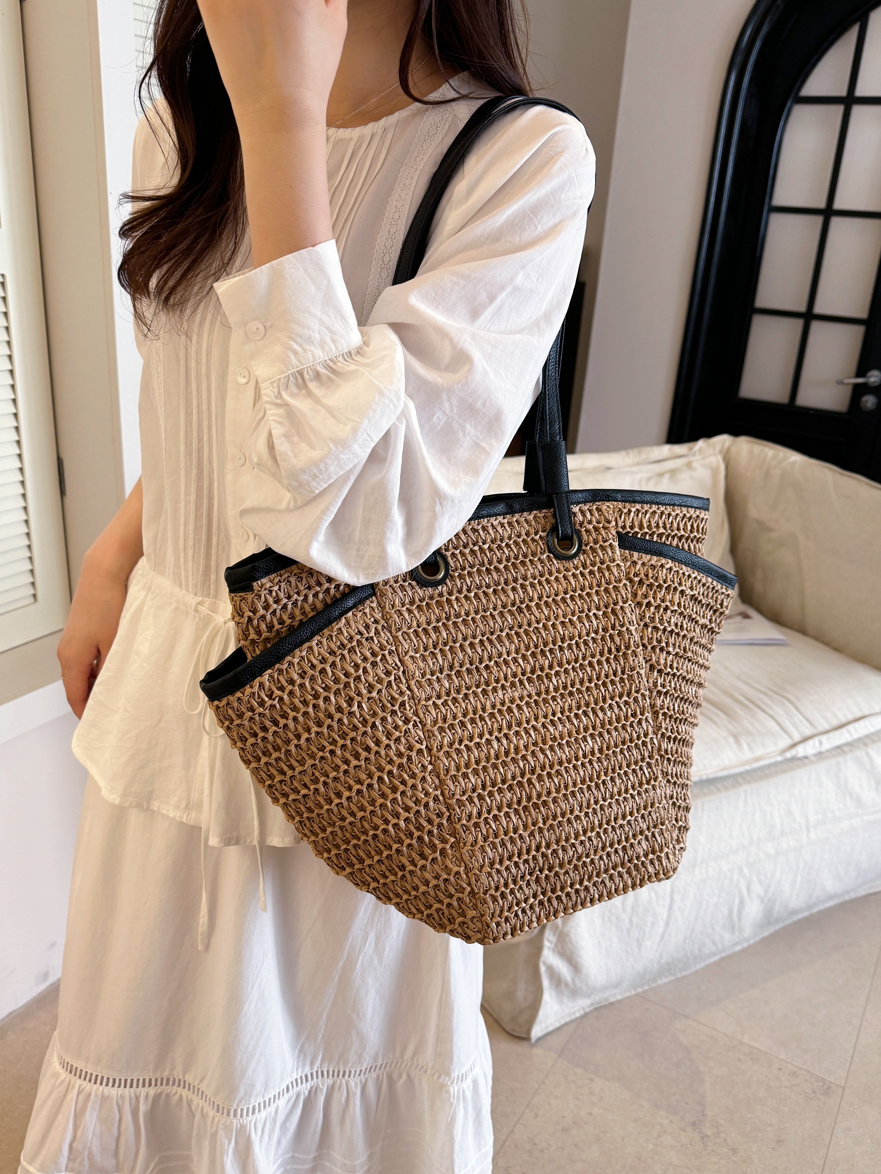 Khaki Woven Straw Shoulder Bag