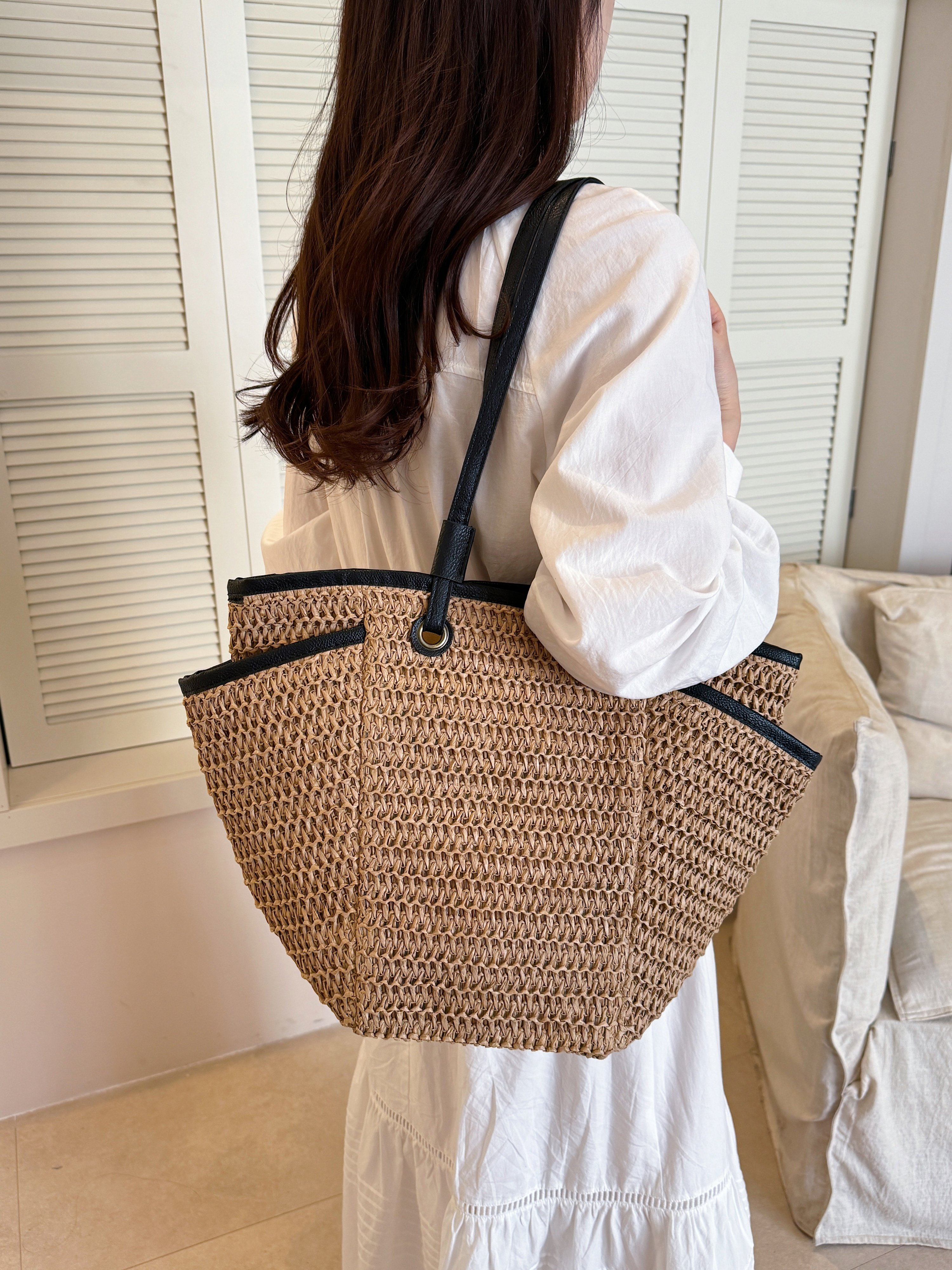 Khaki Woven Straw Shoulder Bag