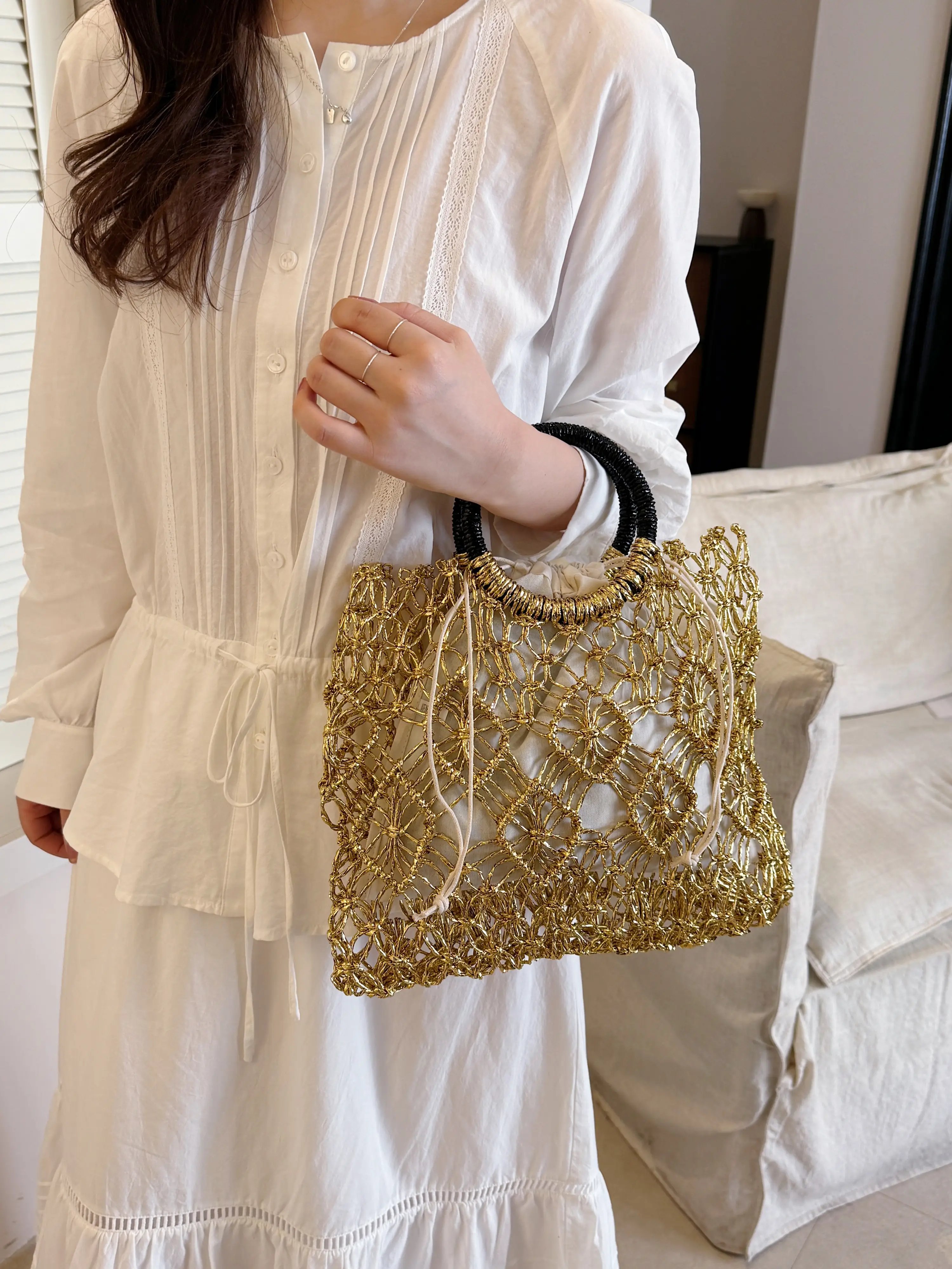 Golden Woven Handbag with Drawstring Pouch