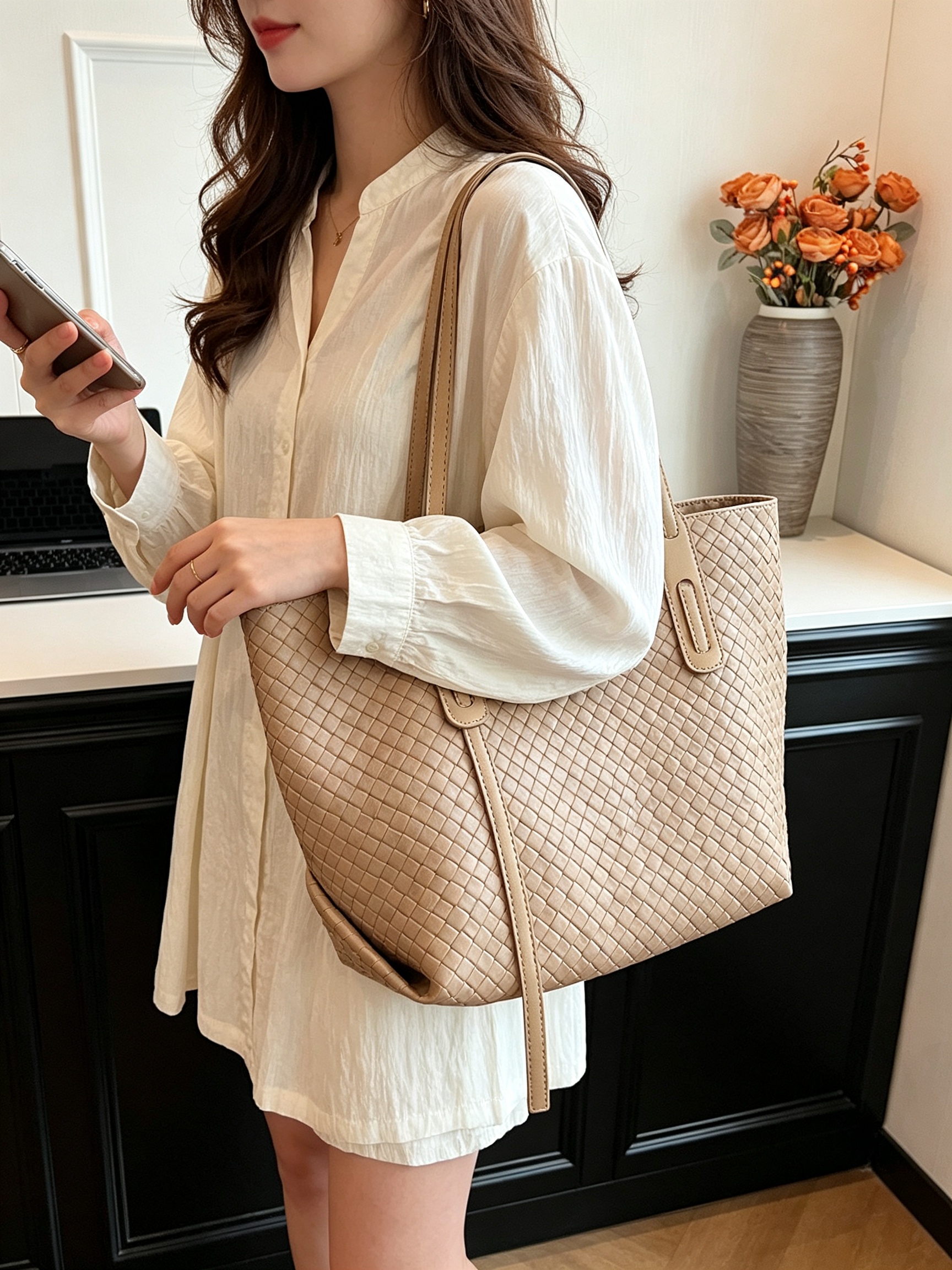 Khaki Woven Pattern Shoulder Bag