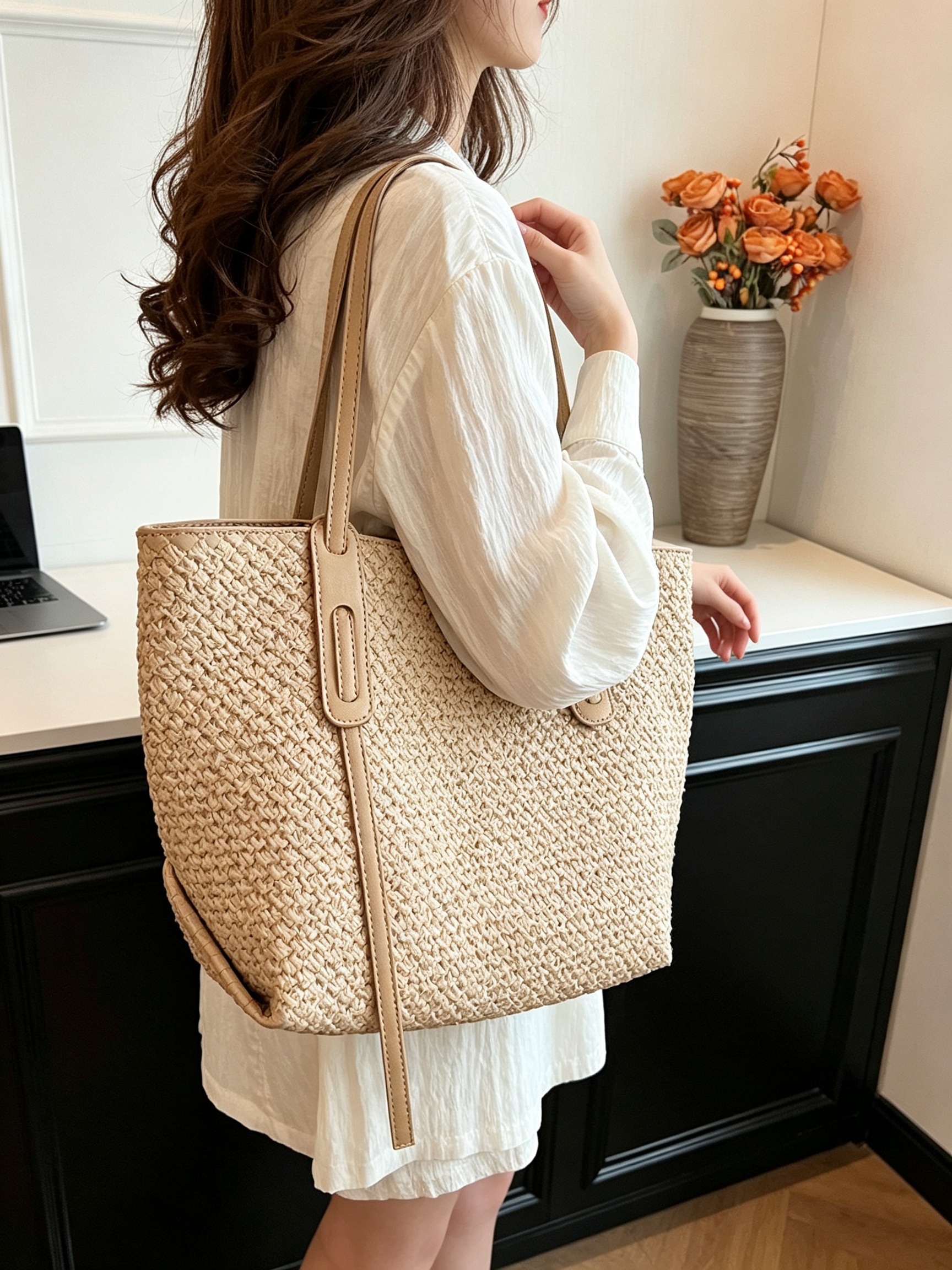 Khaki Woven Pattern Shoulder Bag