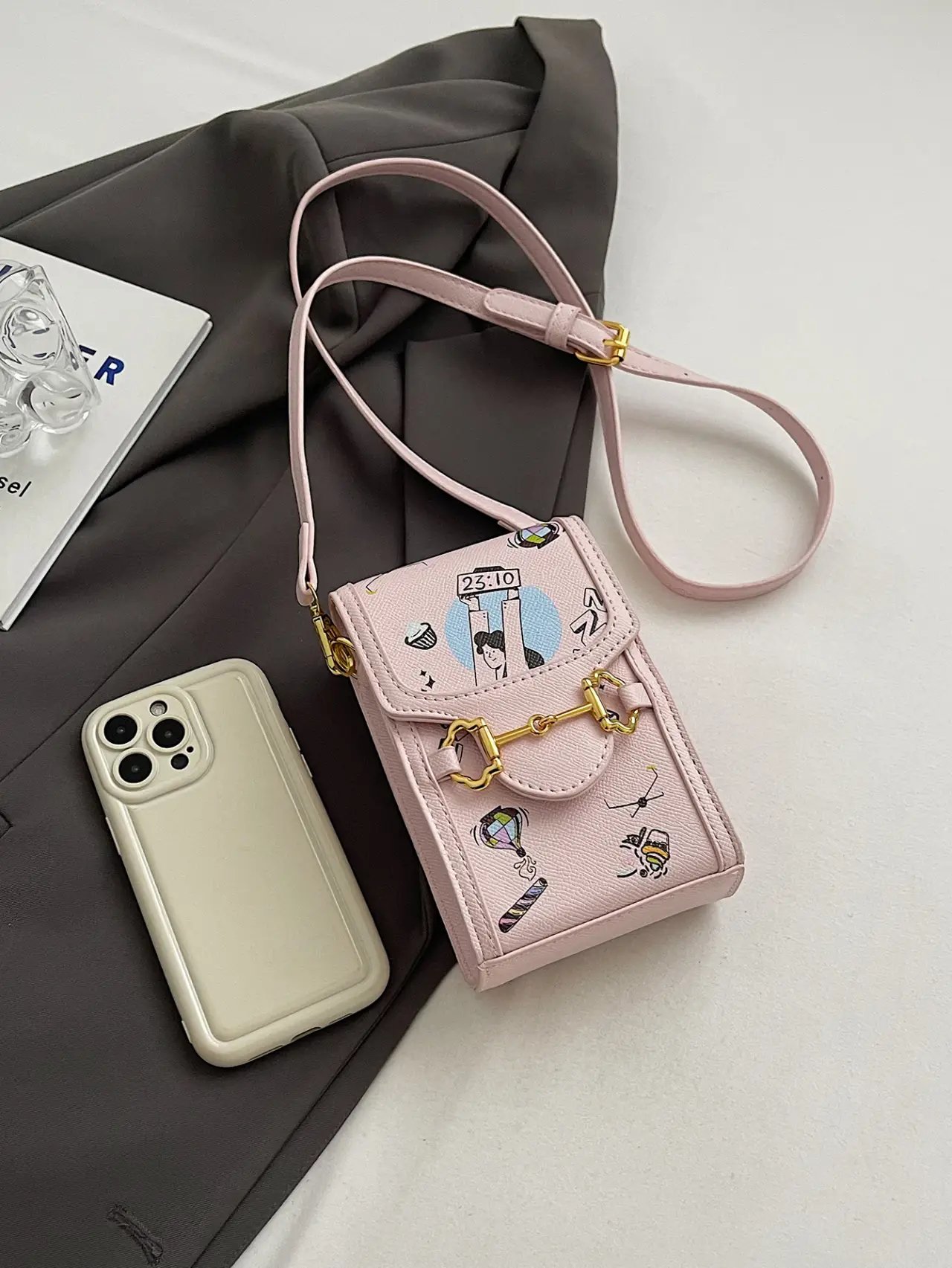 Pink Cartoon Graphic Crossbody Bag with Buckle Detail