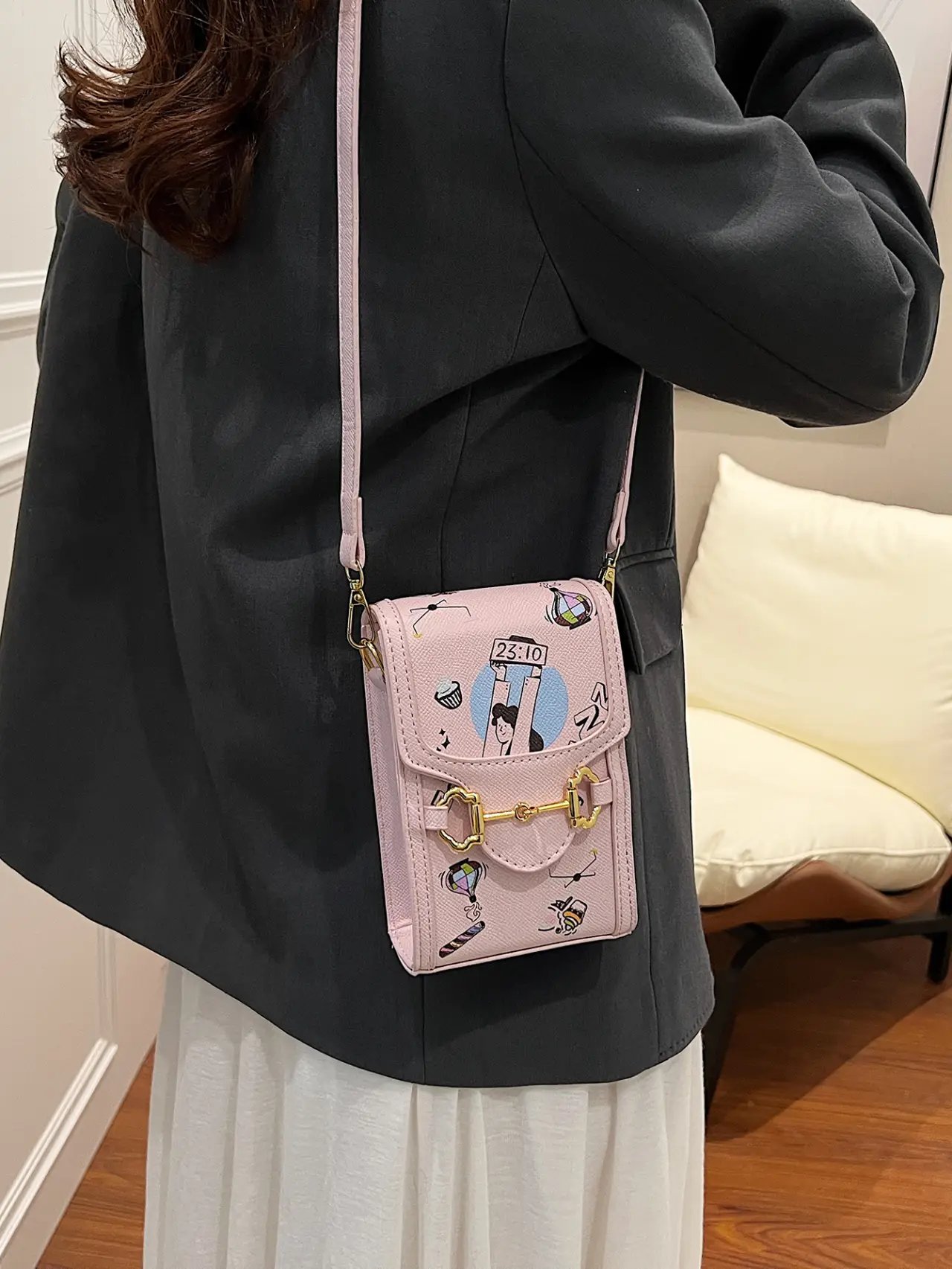 Pink Cartoon Graphic Crossbody Bag with Buckle Detail