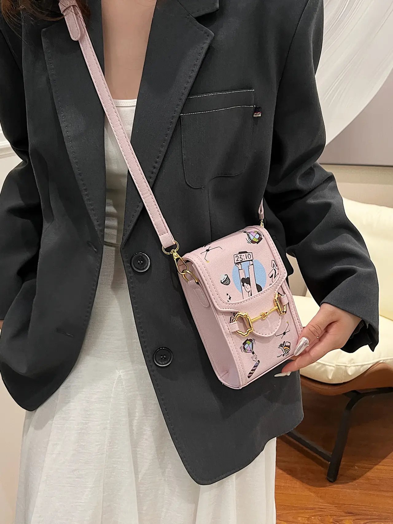 Pink Cartoon Graphic Crossbody Bag with Buckle Detail