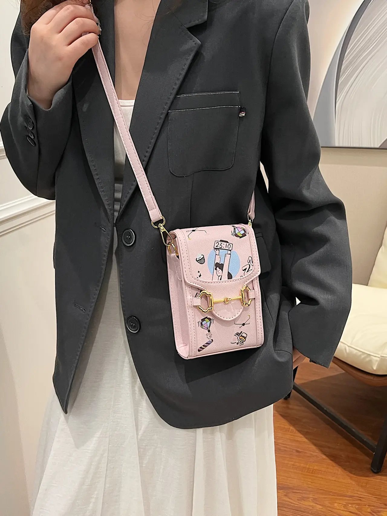 Pink Cartoon Graphic Crossbody Bag with Buckle Detail