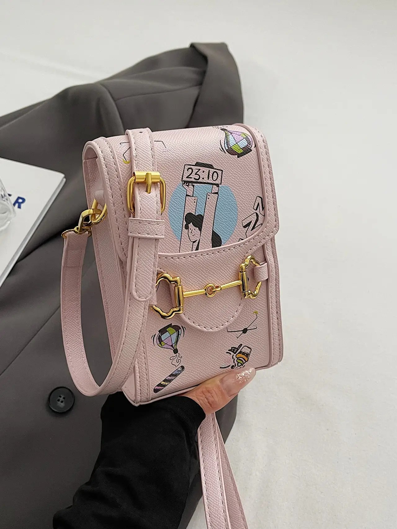 Pink Cartoon Graphic Crossbody Bag with Buckle Detail