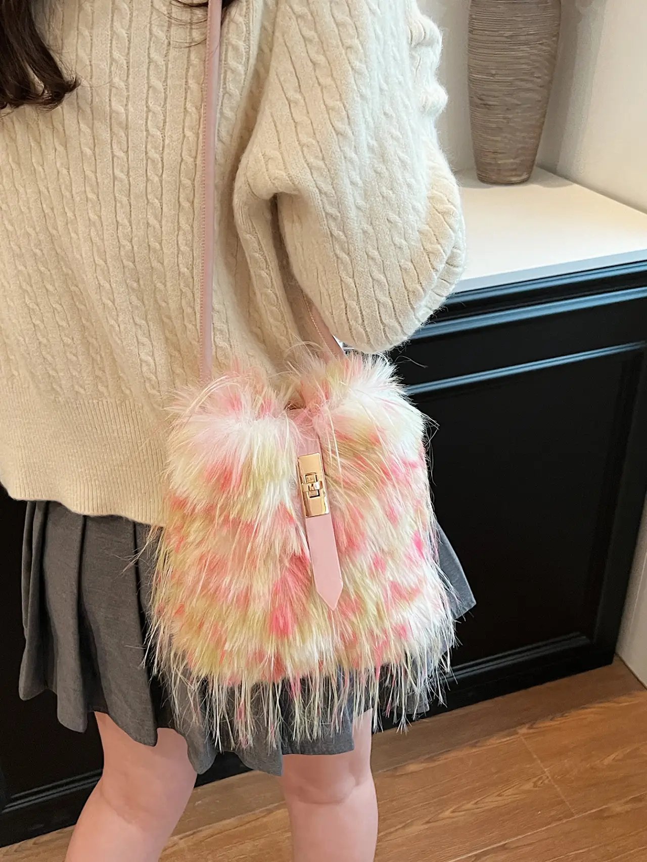Faux Fur Bucket Crossbody Bag