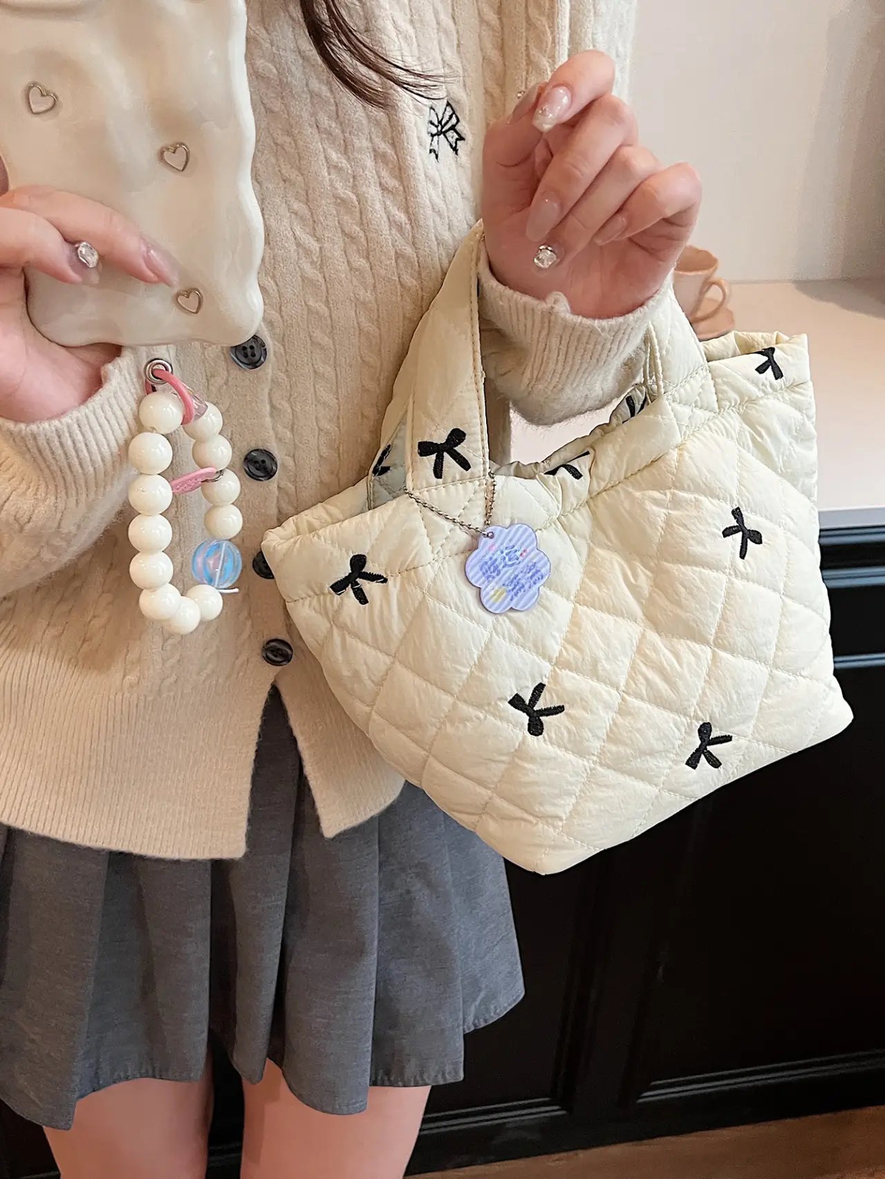 White Quilted Bow Handbag