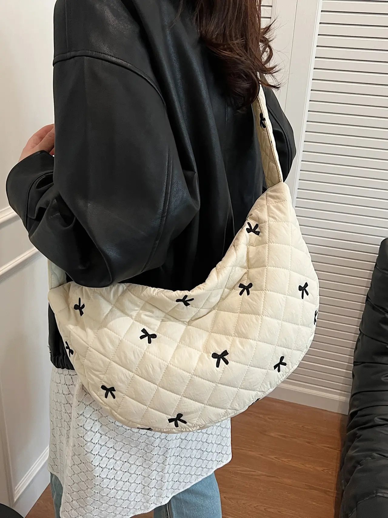 White Quilted Crossbody Bag with Bow Accents