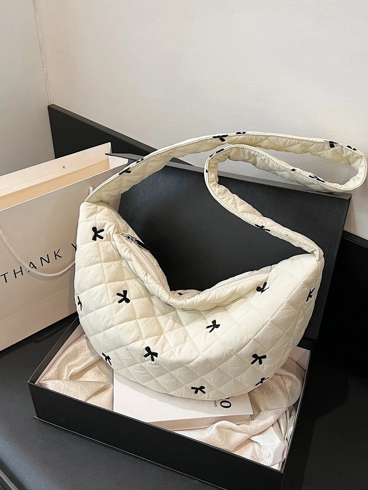 White Quilted Crossbody Bag with Bow Accents