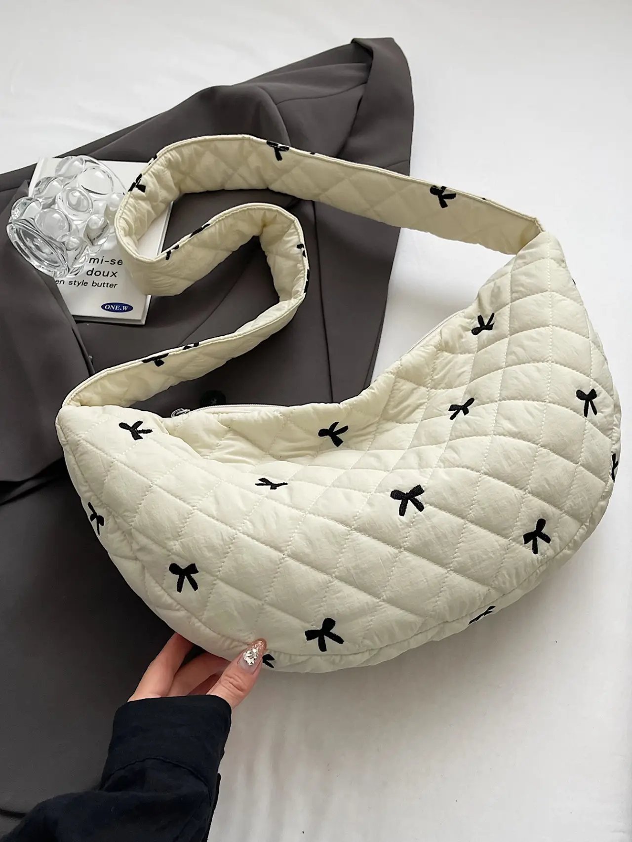 White Quilted Crossbody Bag with Bow Accents