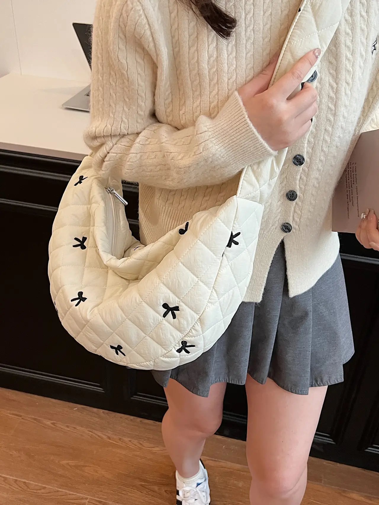 White Quilted Crossbody Bag with Bow Accents