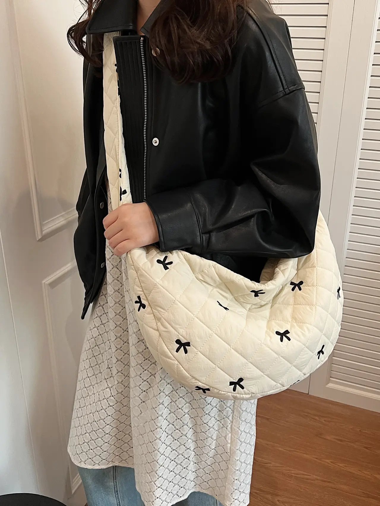 White Quilted Crossbody Bag with Bow Accents