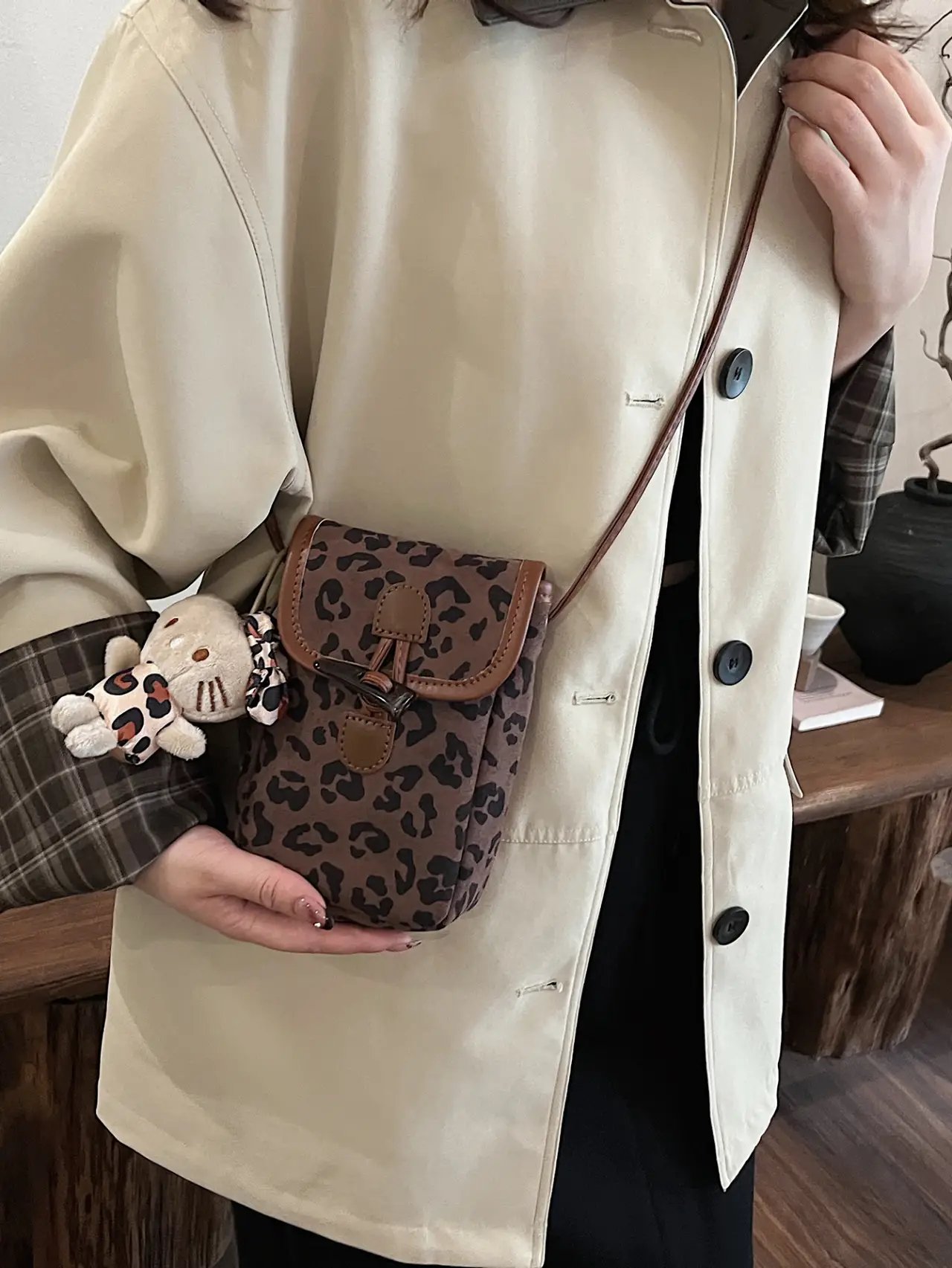 Leopard Print Coffee Brown Sling Bag with Toggle Closure