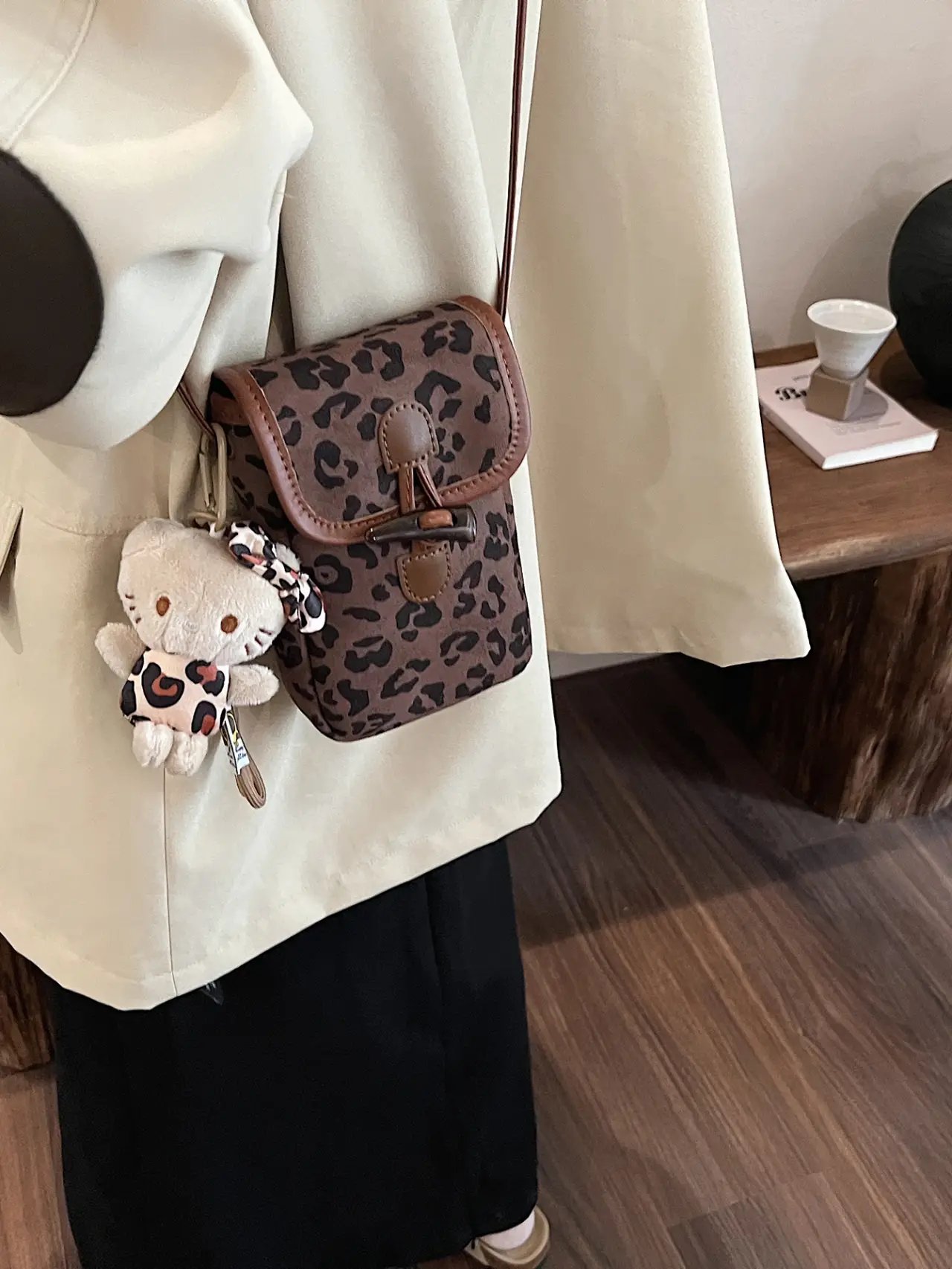 Leopard Print Coffee Brown Sling Bag with Toggle Closure