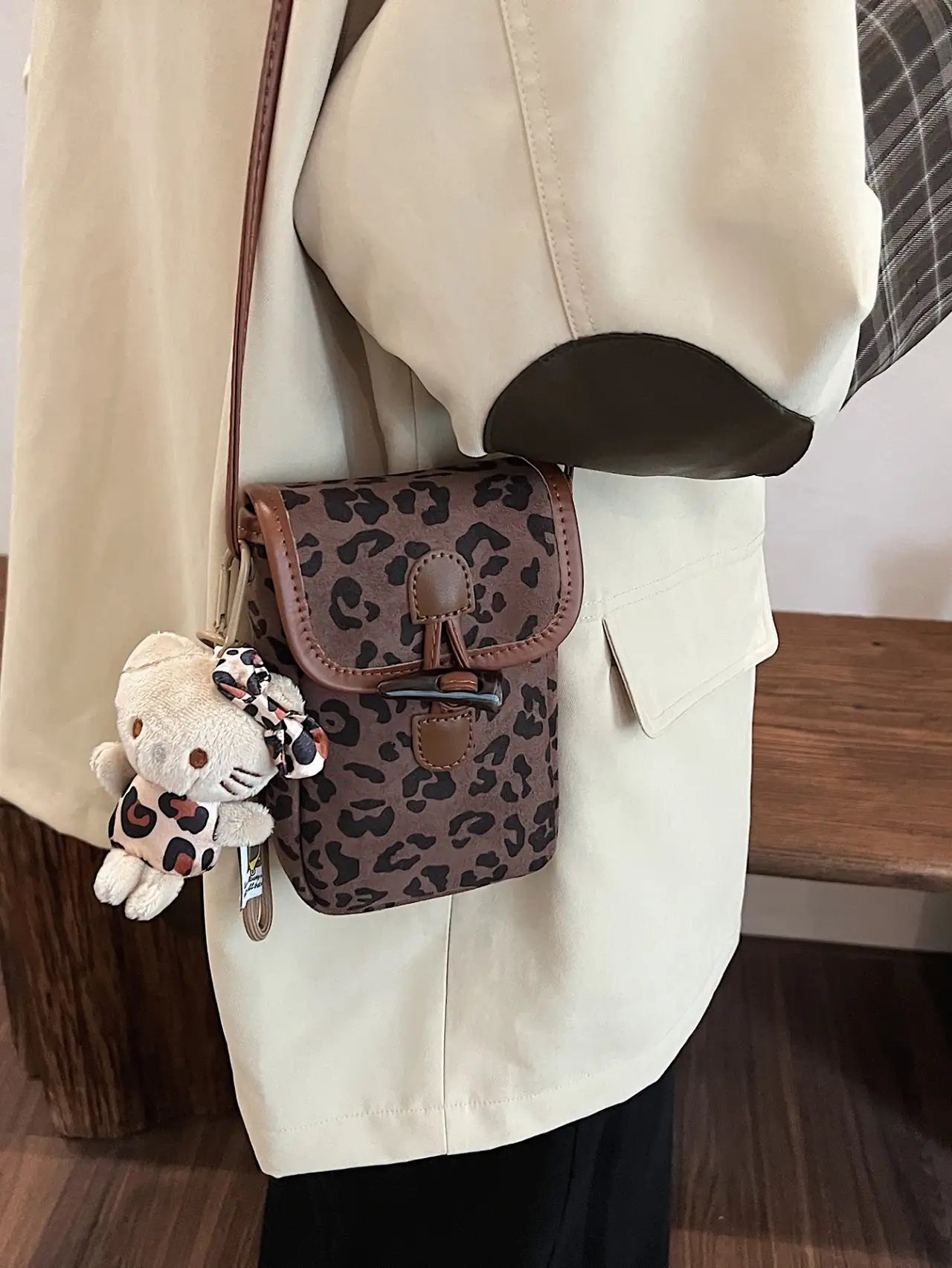 Leopard Print Coffee Brown Sling Bag with Toggle Closure