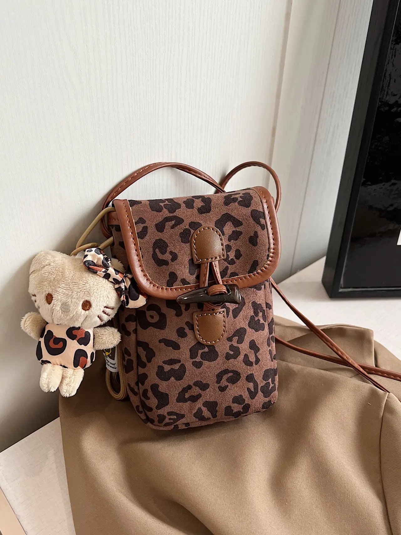 Leopard Print Coffee Brown Sling Bag with Toggle Closure