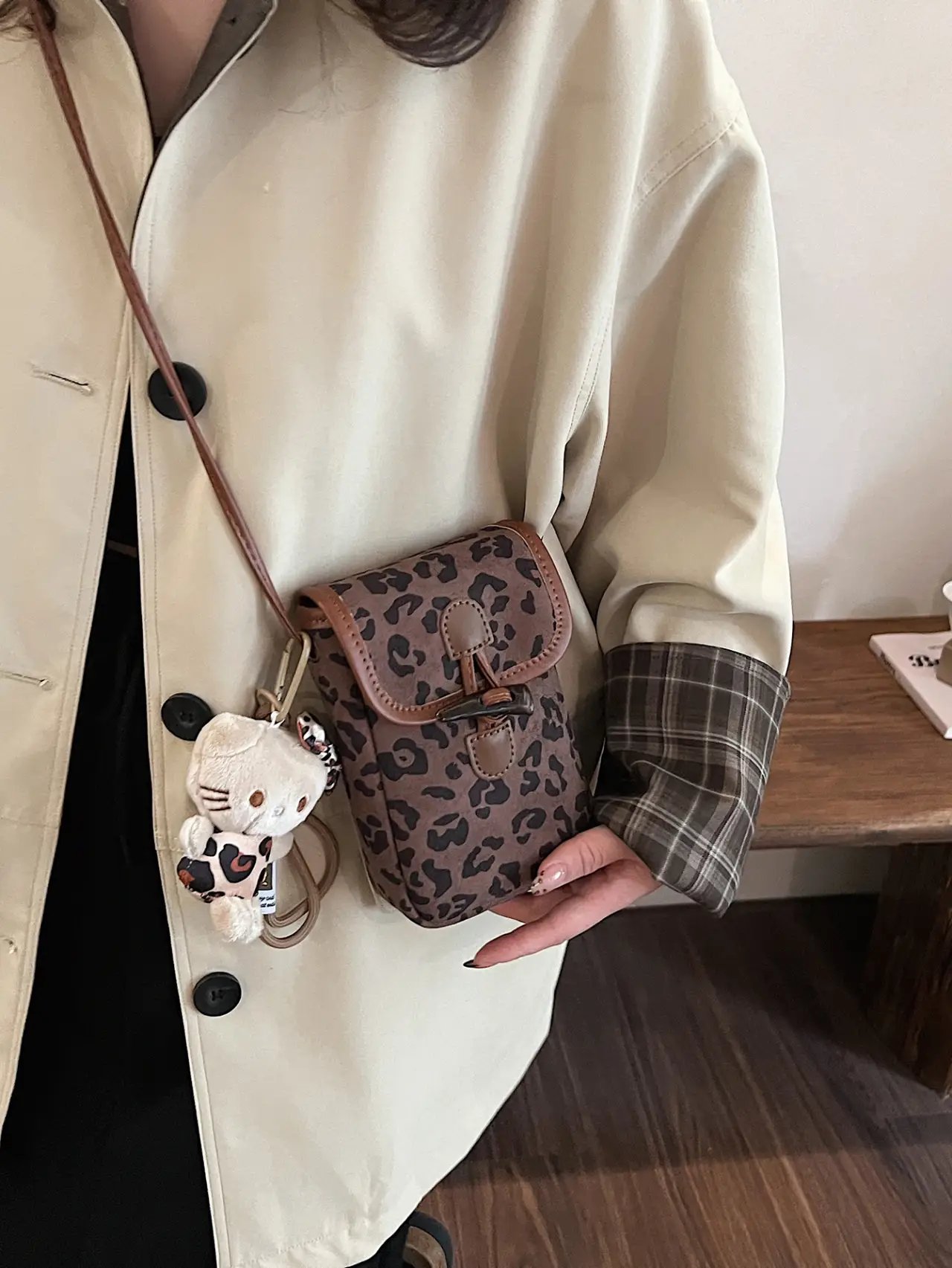 Leopard Print Coffee Brown Sling Bag with Toggle Closure