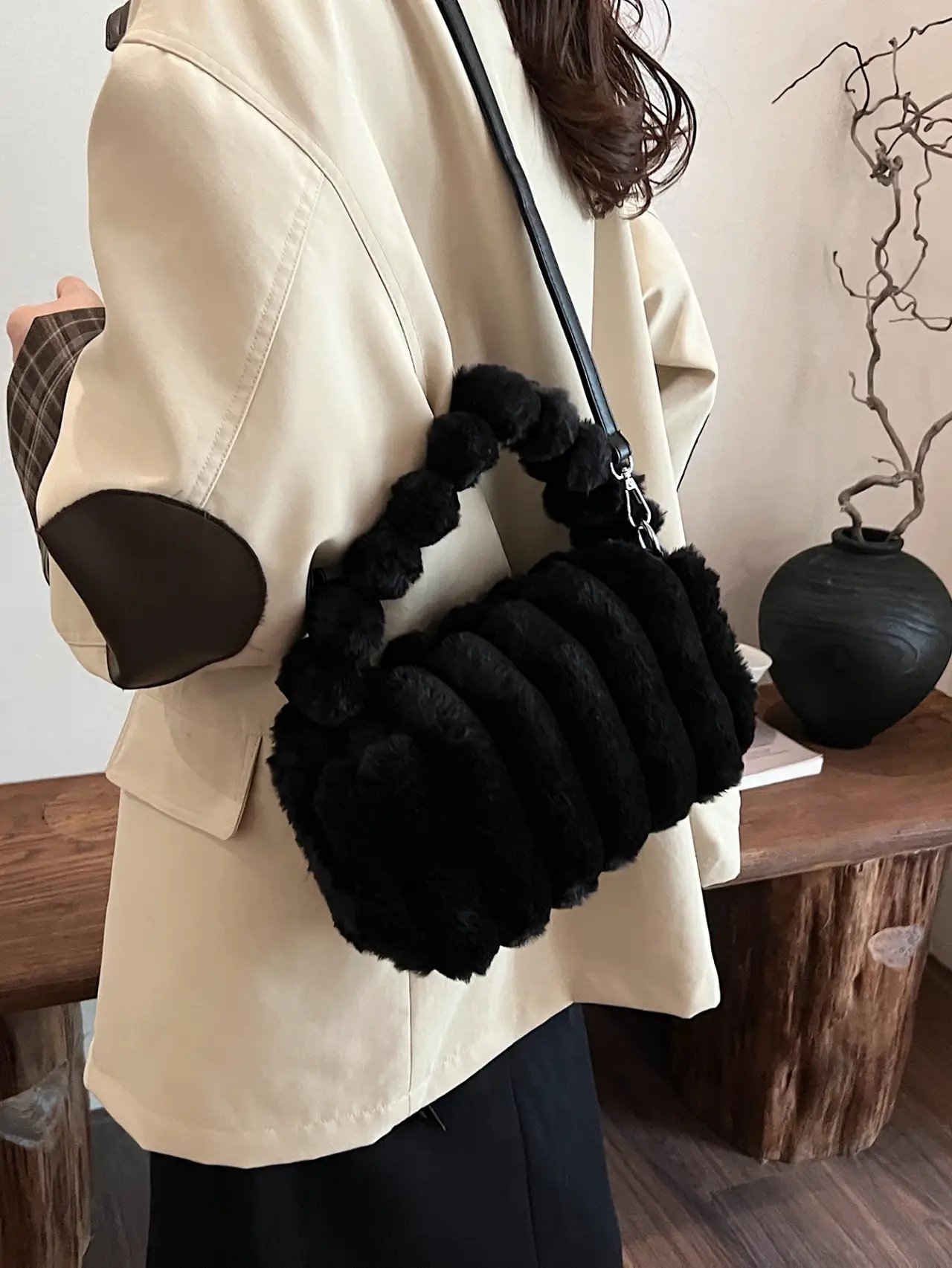 Black Faux Fur Handbag