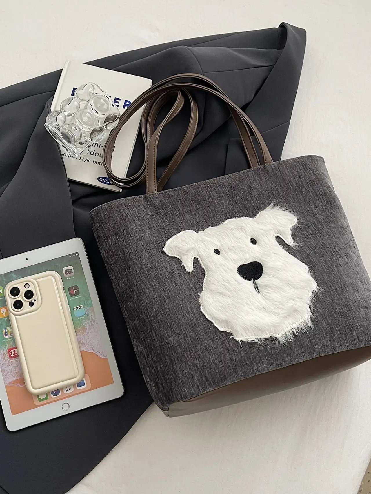 Grey Dog Applique Shoulder Bag