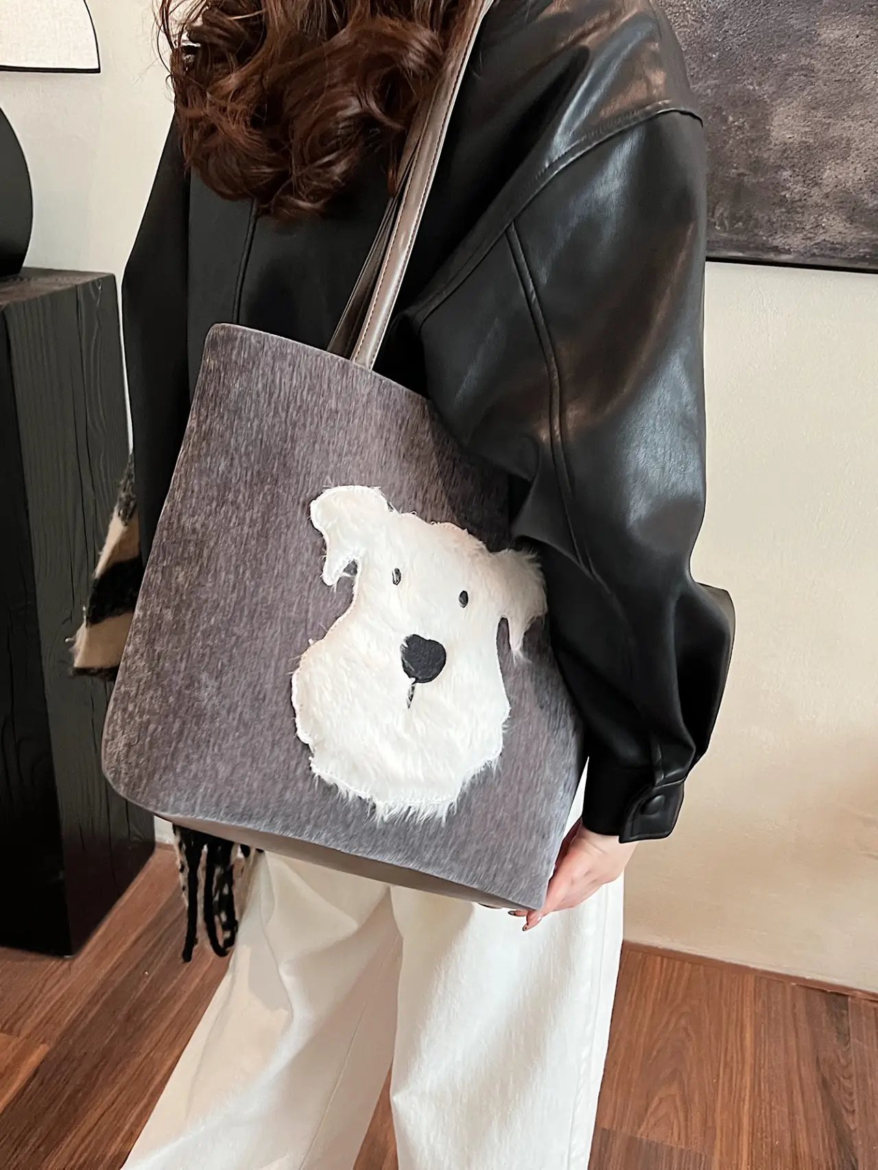 Grey Dog Applique Shoulder Bag