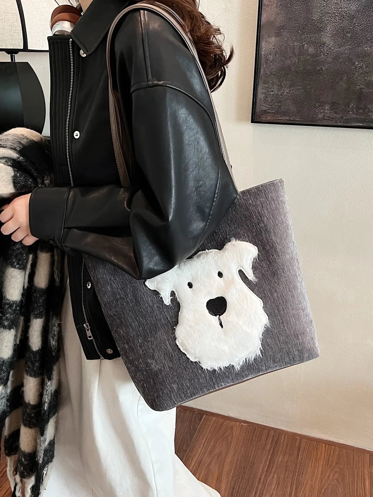 Grey Dog Applique Shoulder Bag