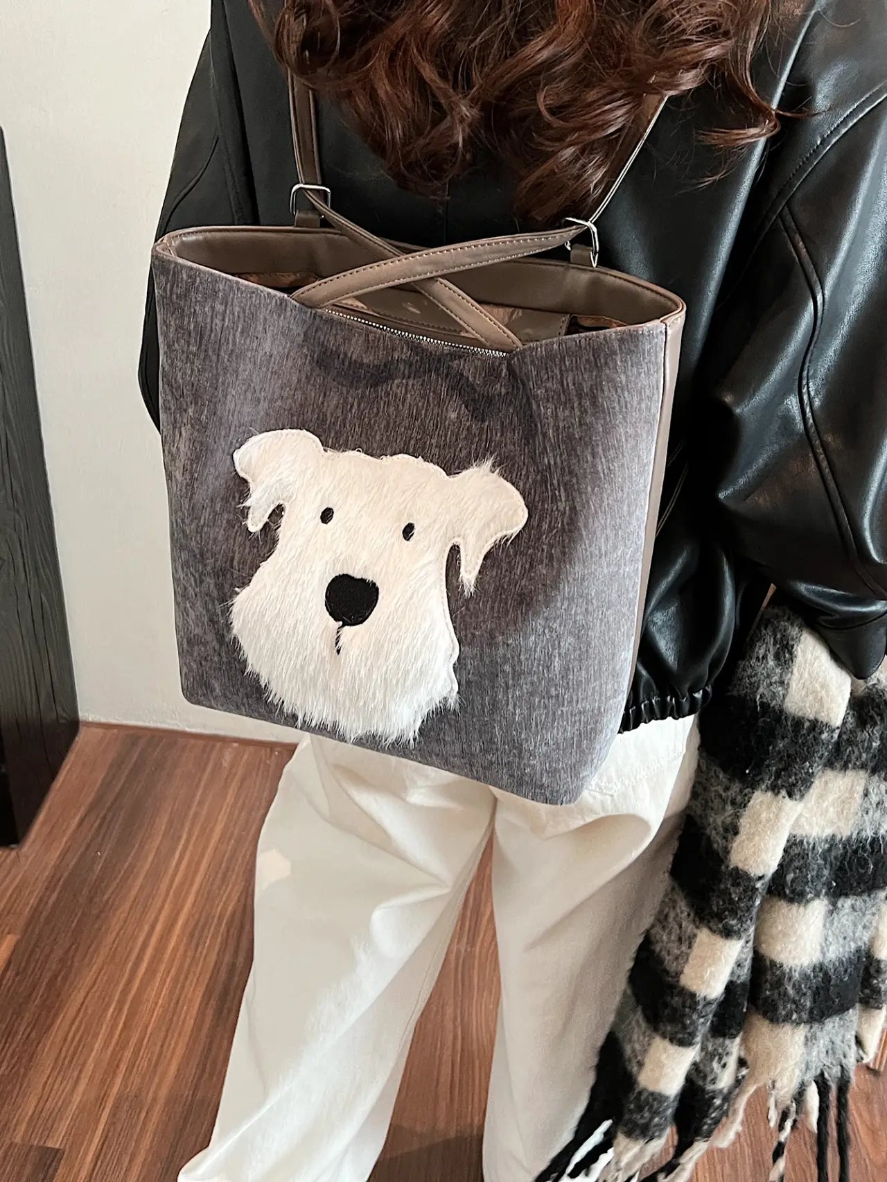 Grey Dog Applique Shoulder Bag