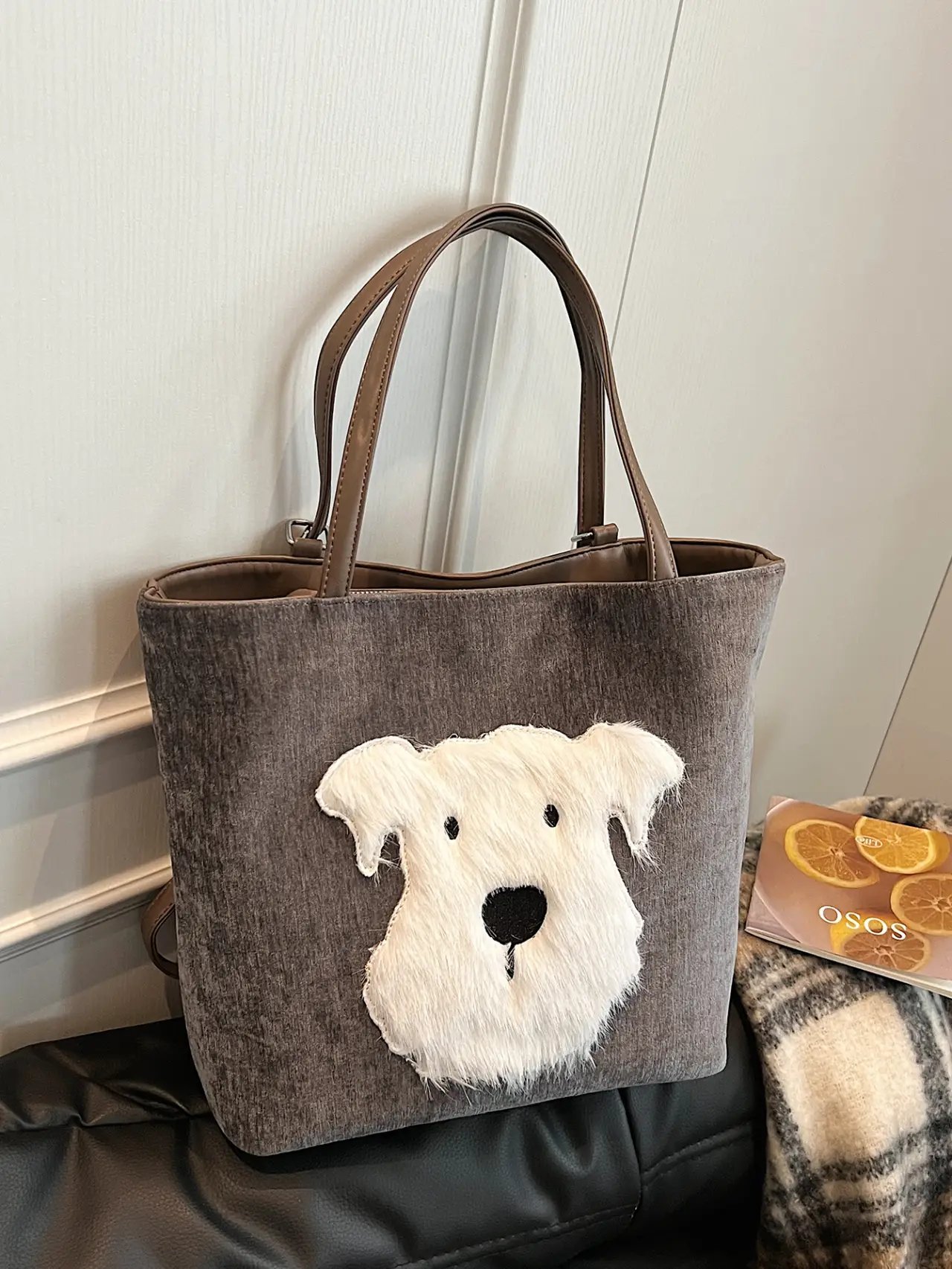 Grey Dog Applique Shoulder Bag