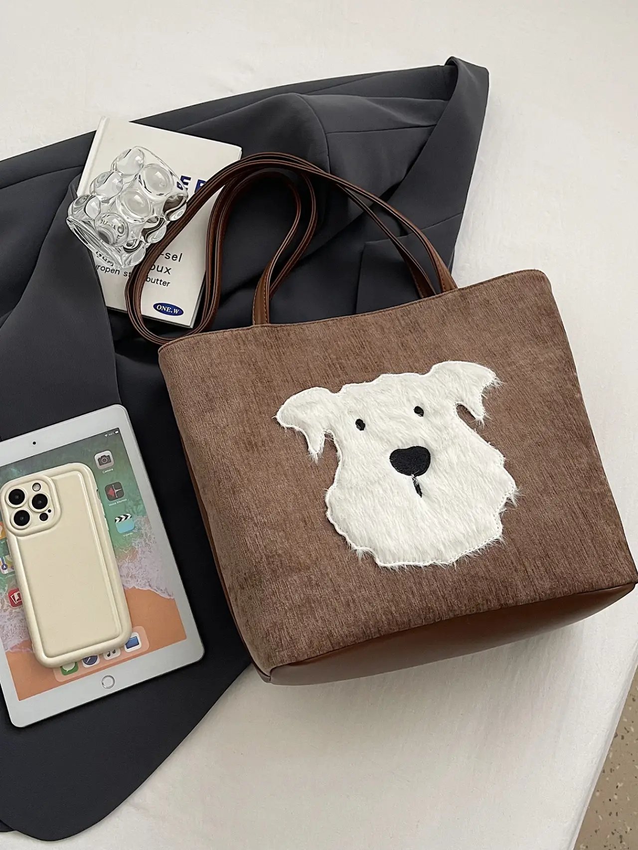 Brown Corduroy Dog Applique Shoulder Bag