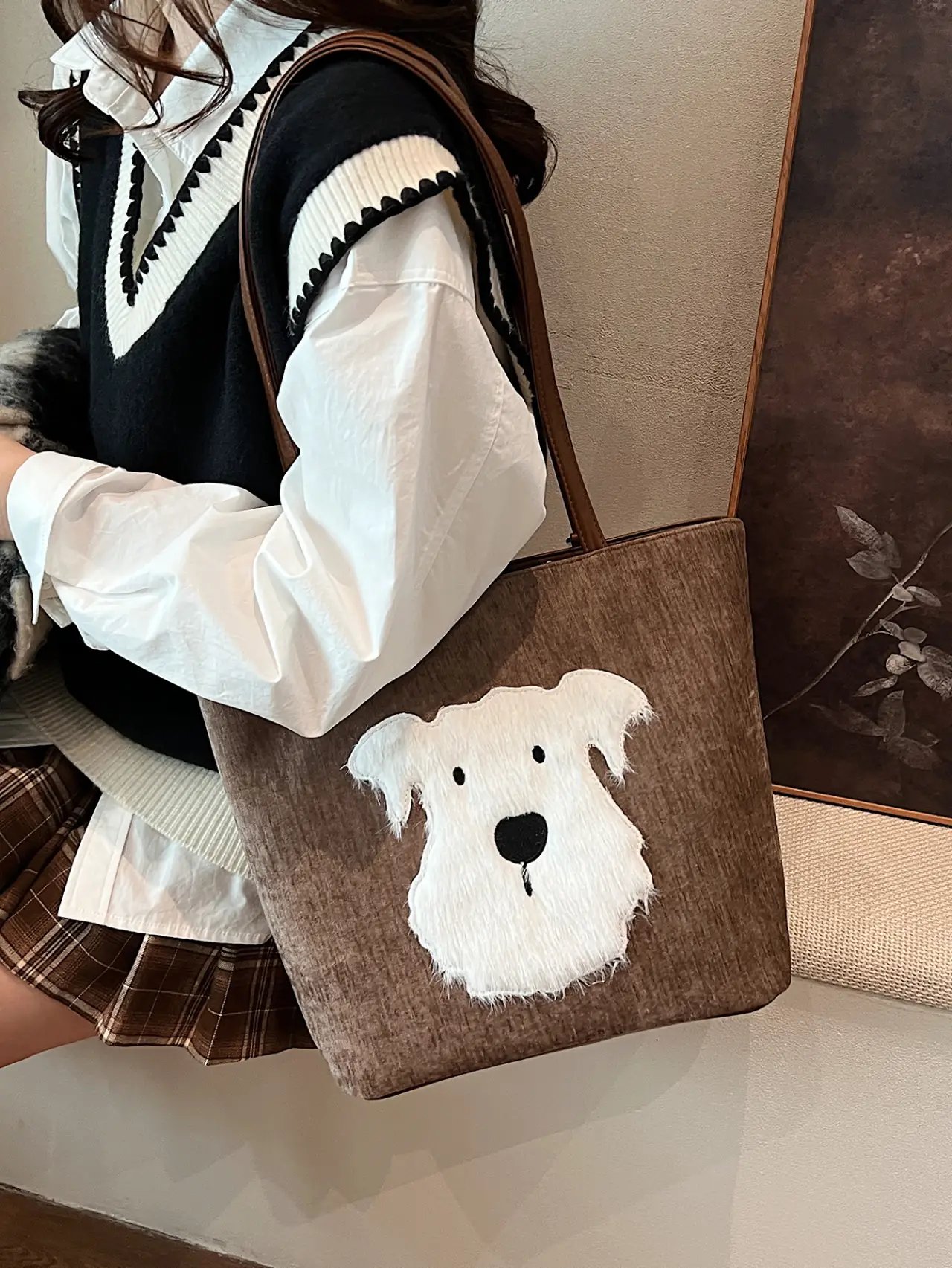 Brown Corduroy Dog Applique Shoulder Bag