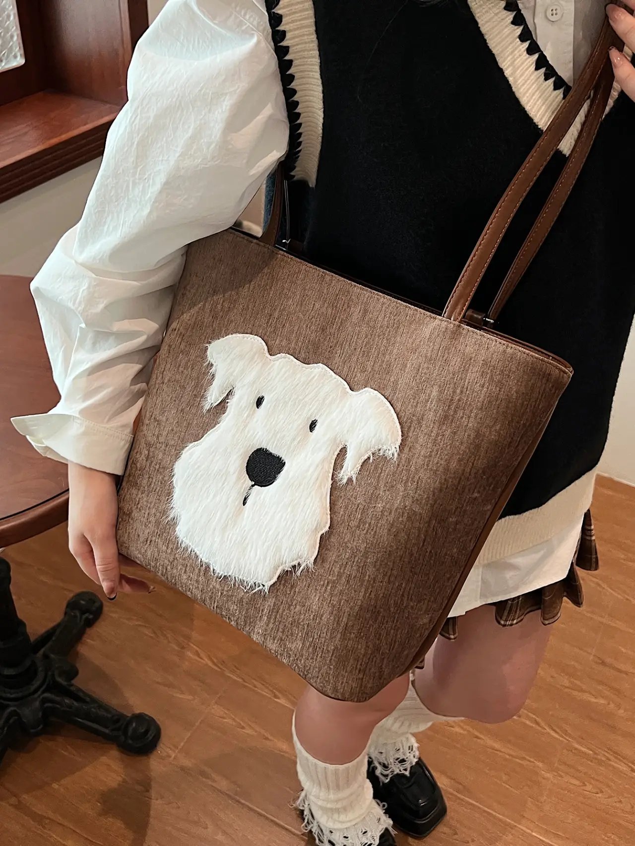 Brown Corduroy Dog Applique Shoulder Bag